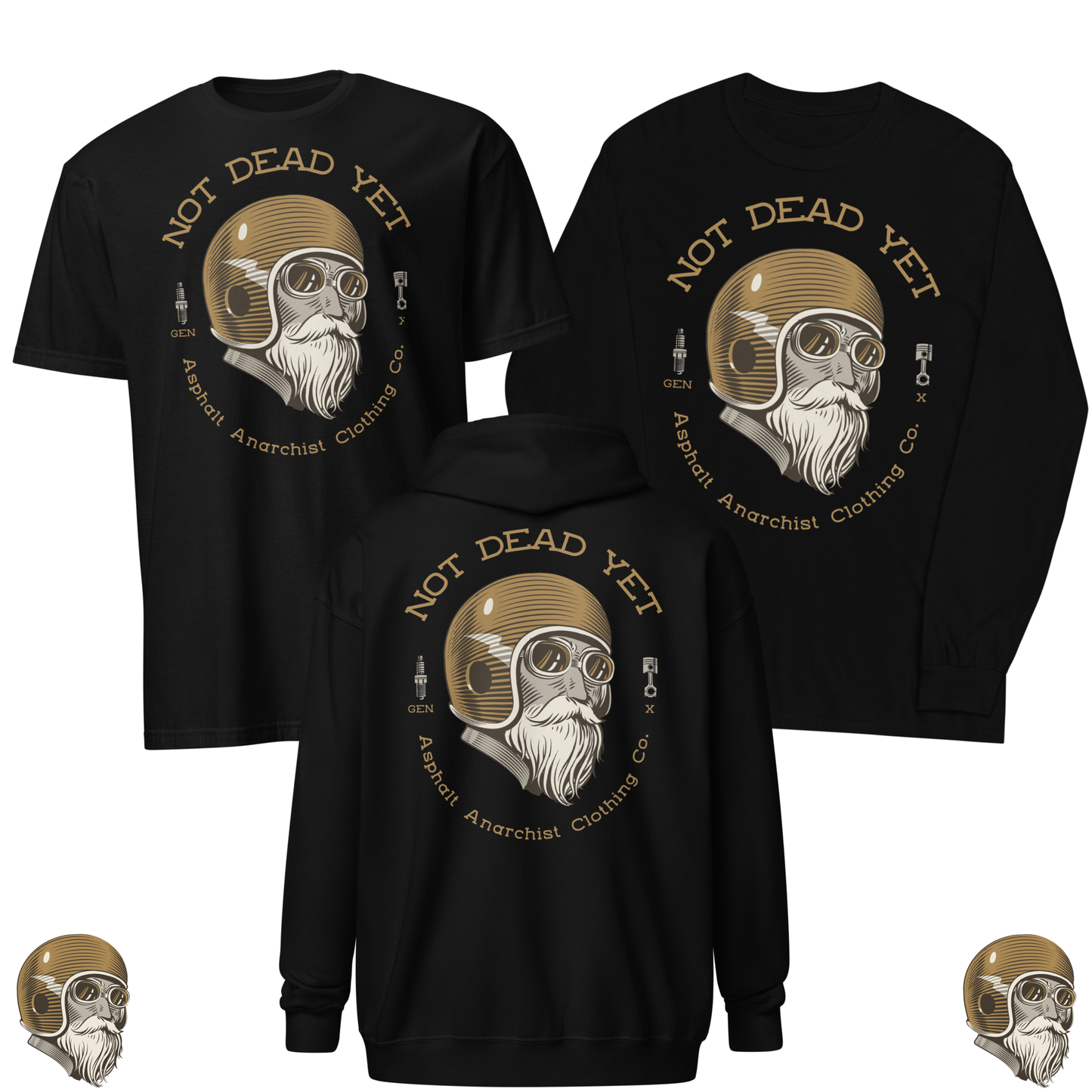 Not Dead Yet Collection from Asphalt Anarchist Clothing Co.—graphic tees and hoodies featuring the crash test cowboy design, a gritty GenX symbol of survival and rebellion. AI-generated image.