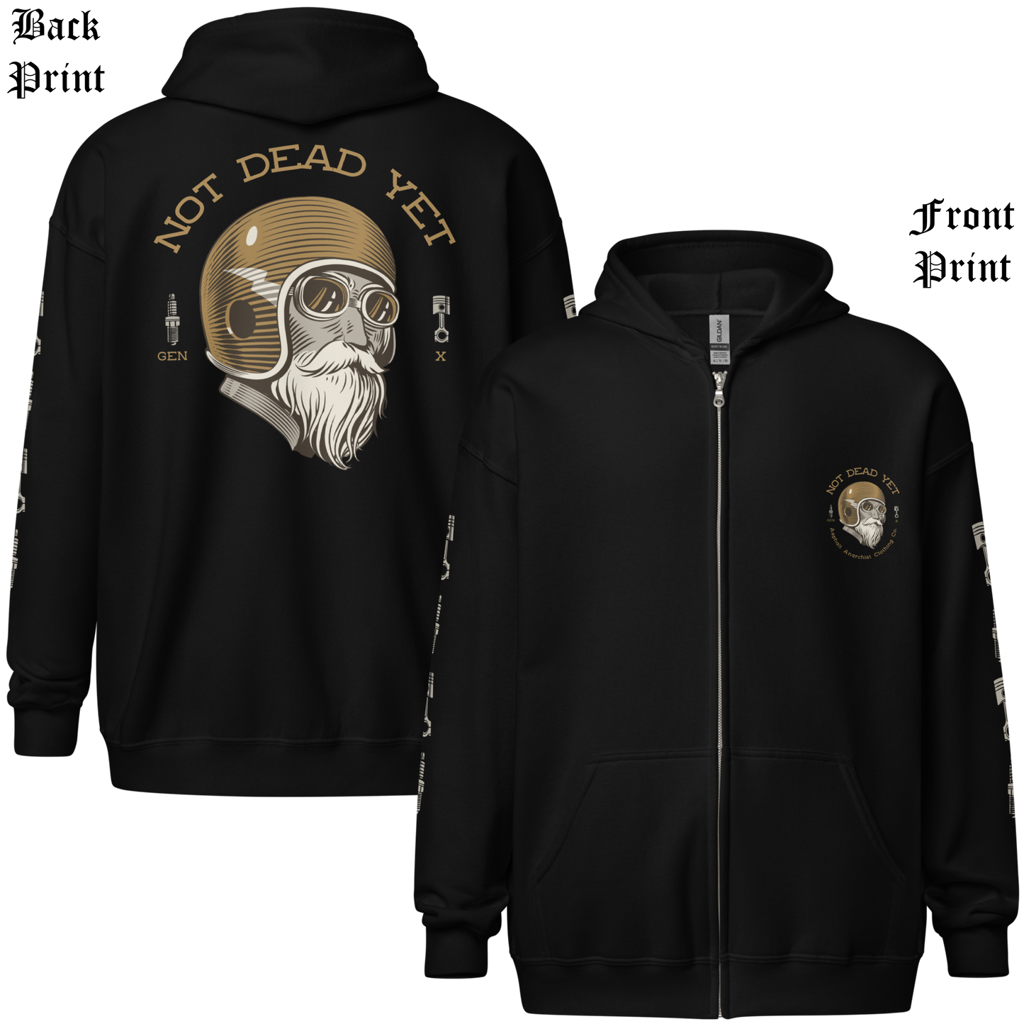 
                  
                    Front & Back view. Black heavy zipper hoodie with full-back "Not Dead Yet" crash helmet cowboy design in bold ink. Built from ultra-soft 50/50 cotton-poly fleece—gritty style for rebels still kicking. From Asphalt Anarchist Clothing Co. AI Generated Image
                  
                