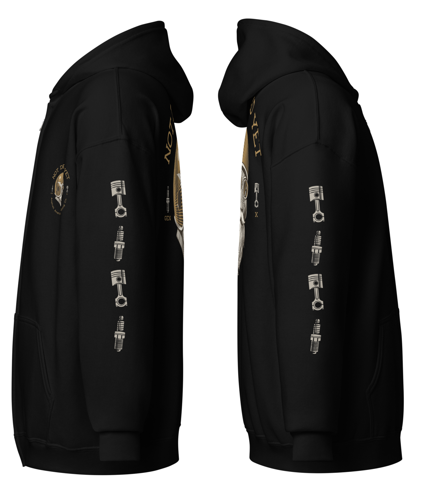 
                  
                    Side view. Black heavy zipper hoodie with full-back "Not Dead Yet" crash helmet cowboy design in bold ink. Built from ultra-soft 50/50 cotton-poly fleece—gritty style for rebels still kicking. From Asphalt Anarchist Clothing Co. AI Generated Image
                  
                