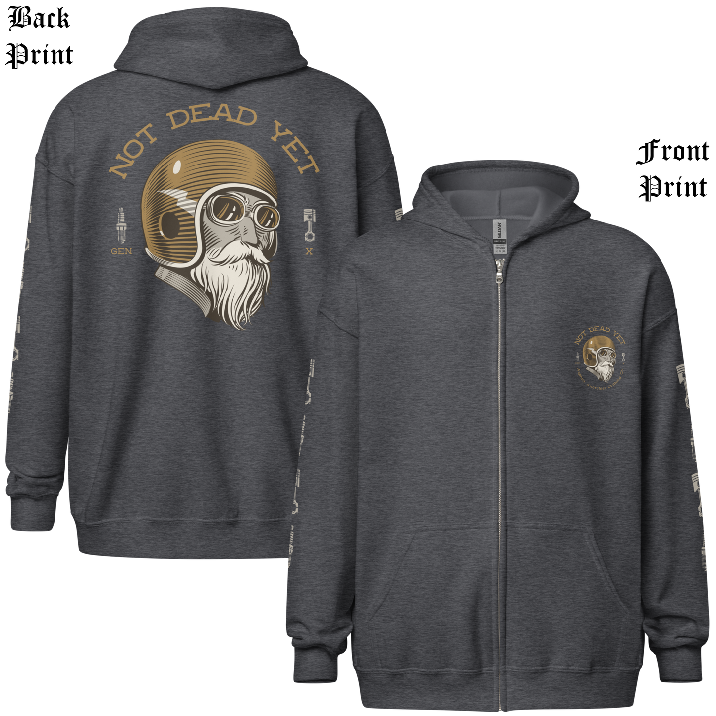 
                  
                    Front & Back view. Gray heavy zipper hoodie with full-back "Not Dead Yet" crash helmet cowboy design in bold ink. Built from ultra-soft 50/50 cotton-poly fleece—gritty style for rebels still kicking. From Asphalt Anarchist Clothing Co. AI Generated Image
                  
                