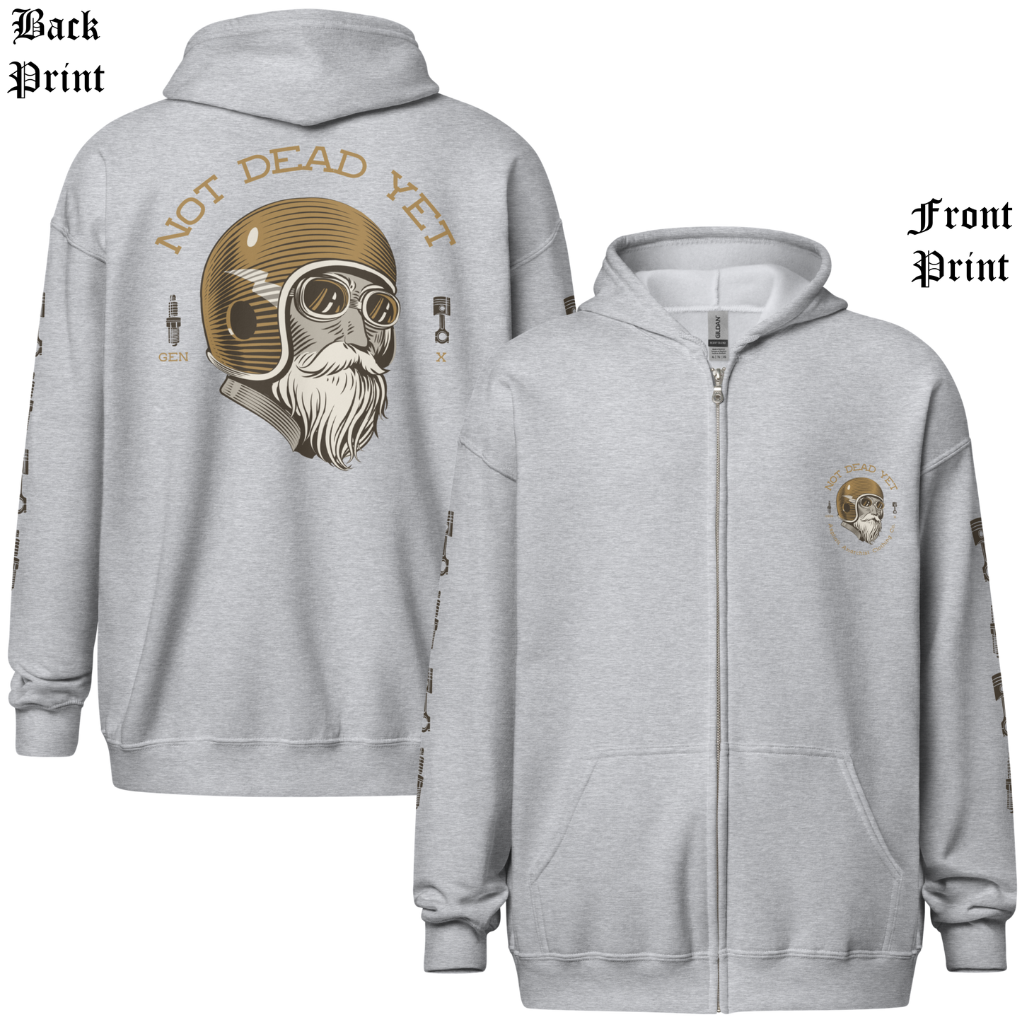 
                  
                    Front & Back view. Sport Gray heavy zipper hoodie with full-back "Not Dead Yet" crash helmet cowboy design in bold ink. Built from ultra-soft 50/50 cotton-poly fleece—gritty style for rebels still kicking. From Asphalt Anarchist Clothing Co. AI Generated Image
                  
                
