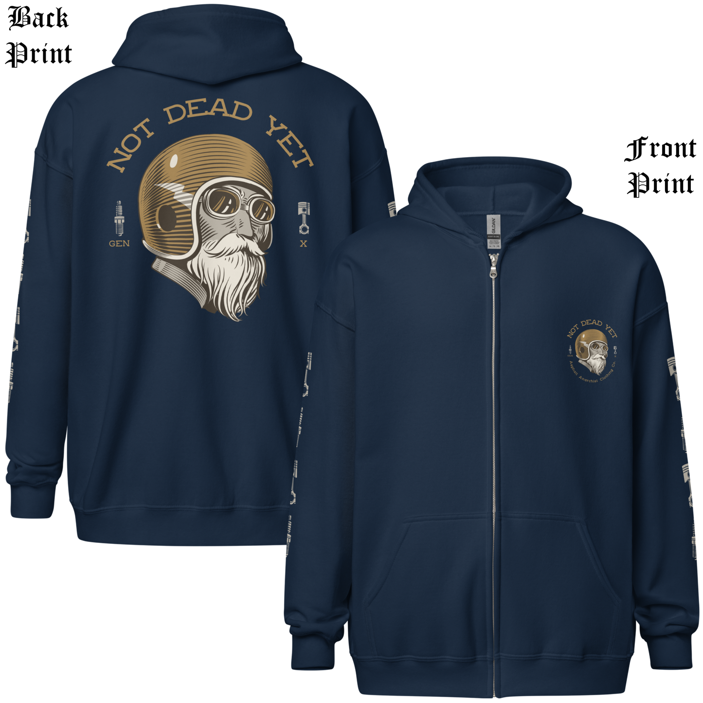 
                  
                    Front & Back view. Navy heavy zipper hoodie with full-back "Not Dead Yet" crash helmet cowboy design in bold ink. Built from ultra-soft 50/50 cotton-poly fleece—gritty style for rebels still kicking. From Asphalt Anarchist Clothing Co. AI Generated Image
                  
                