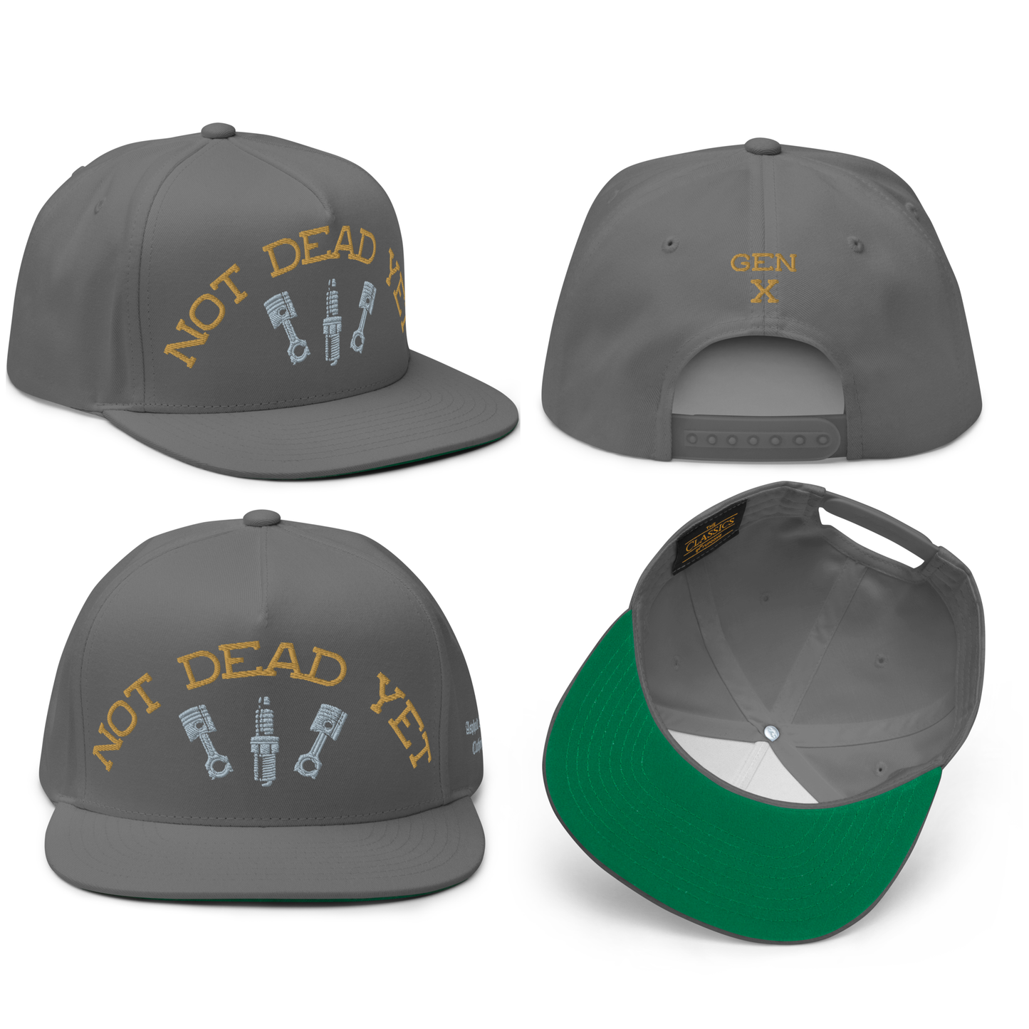 
                  
                    Front collage view of Asphalt Anarchist Clothing's Not Dead Yet 5‑panel snapback in gray. Not Dead Yet text with plug & piston front embroidery with GENX hit on the back. Classic streetwear profile. AI‑generated image.
                  
                