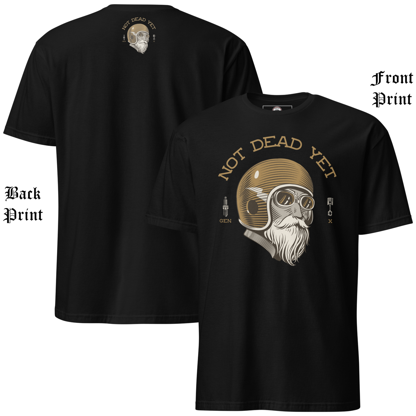 
                  
                    Front & Back view of black t-shirt featuring bold ‘Not Dead Yet’ graphic with vintage lowbrow skull art and distressed lettering in a rebellious, hot rod style. Asphalt Anarchist Clothing Co. OLD SKOOL HOT ROD APPAREL Custom fueled, never factory filled. Image is AI-generated.
                  
                