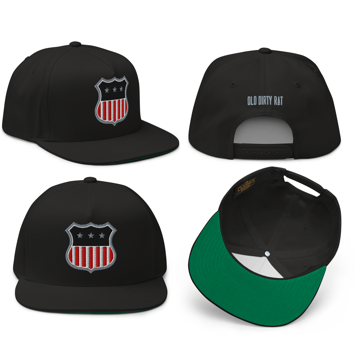 
                  
                    Front collage view of the Asphalt Anarchist Old Dirty Rat black embroidered snapback, showing the American flag shield and a worn in garage bred attitude. AI generated image.
                  
                