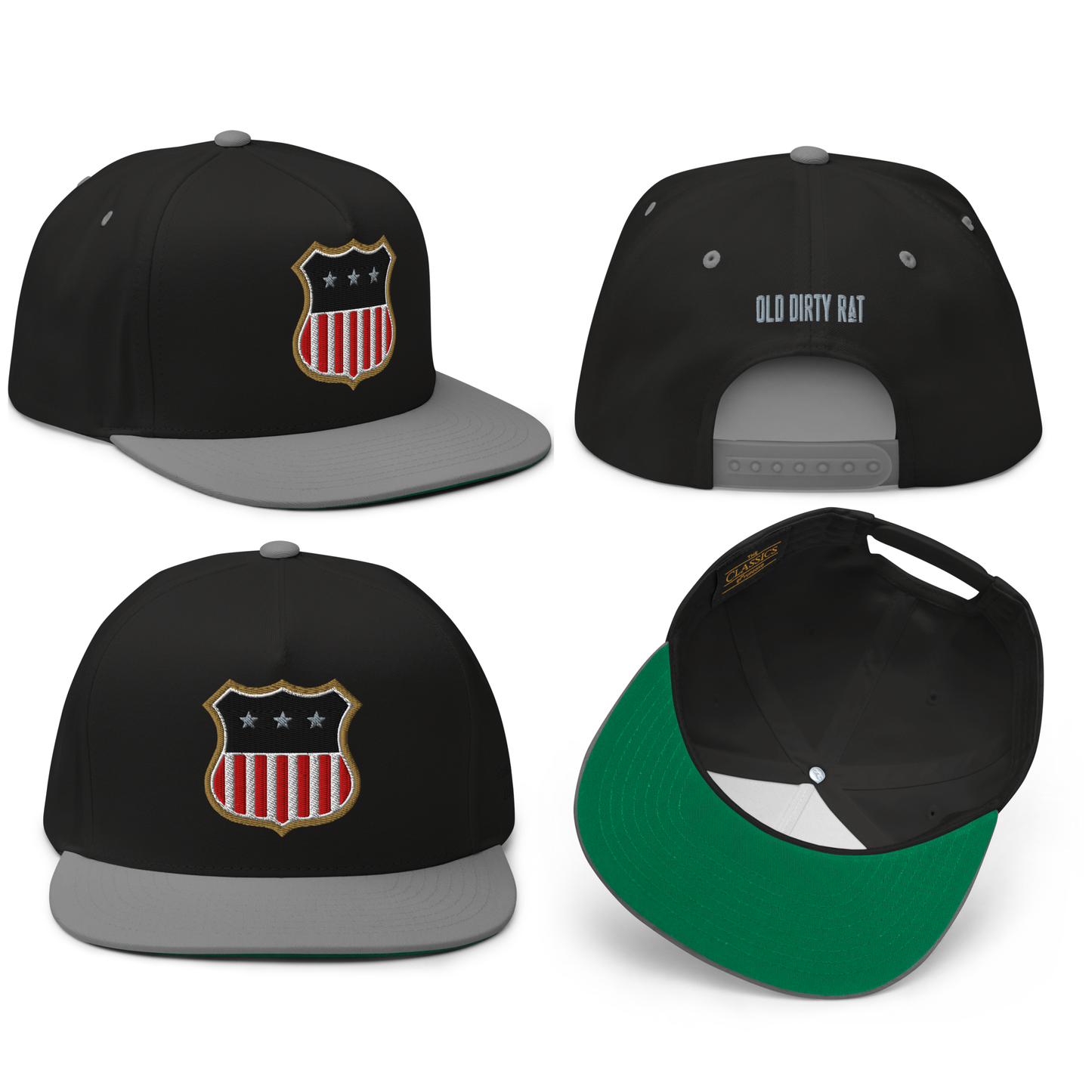 
                  
                    Front collage view of the Asphalt Anarchist Old Dirty Rat black & gray embroidered snapback, showing the American flag shield and a worn in garage bred attitude. AI generated image.
                  
                