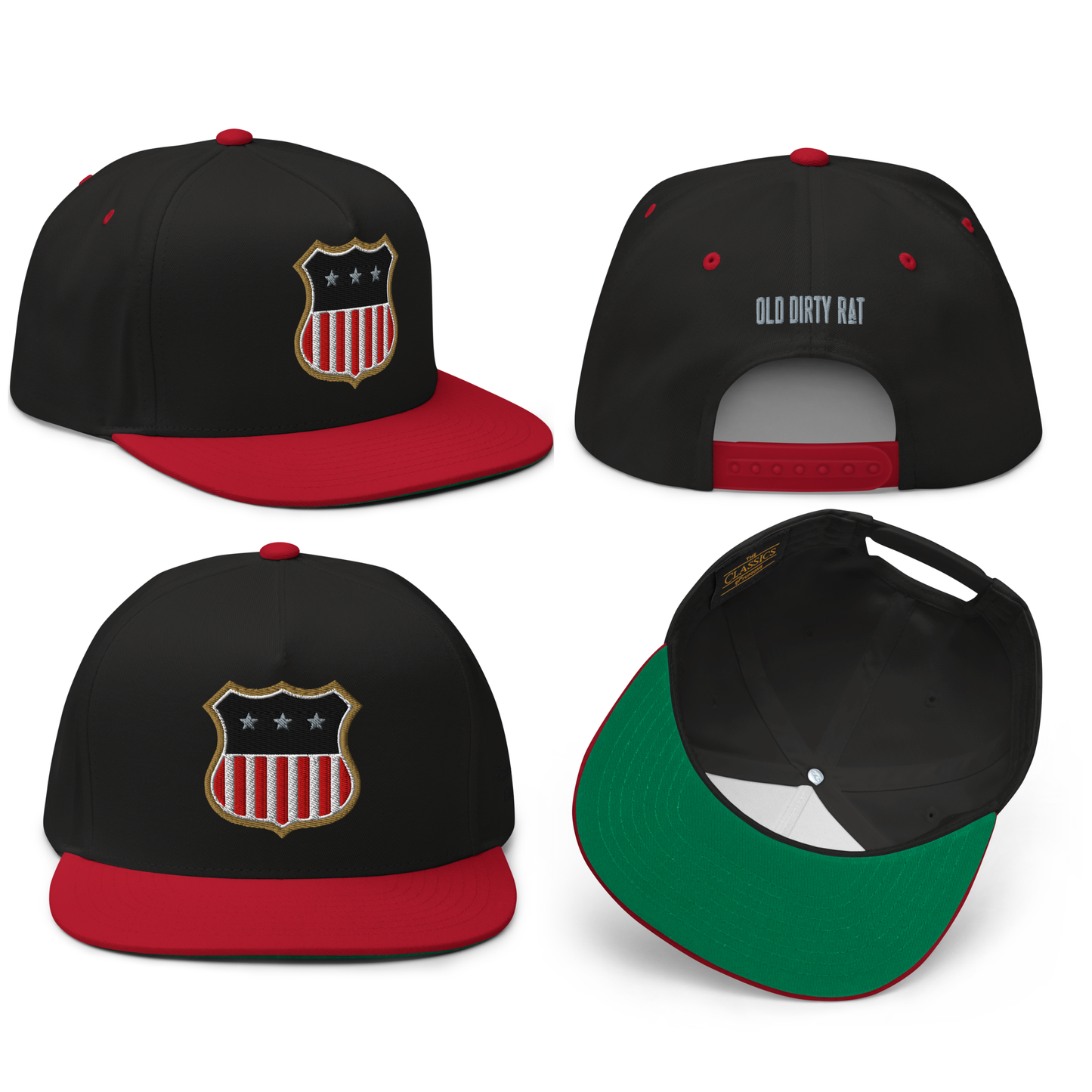 
                  
                    Front collage view of the Asphalt Anarchist Old Dirty Rat black & red embroidered snapback, showing the American flag shield and a worn in garage bred attitude. AI generated image.
                  
                