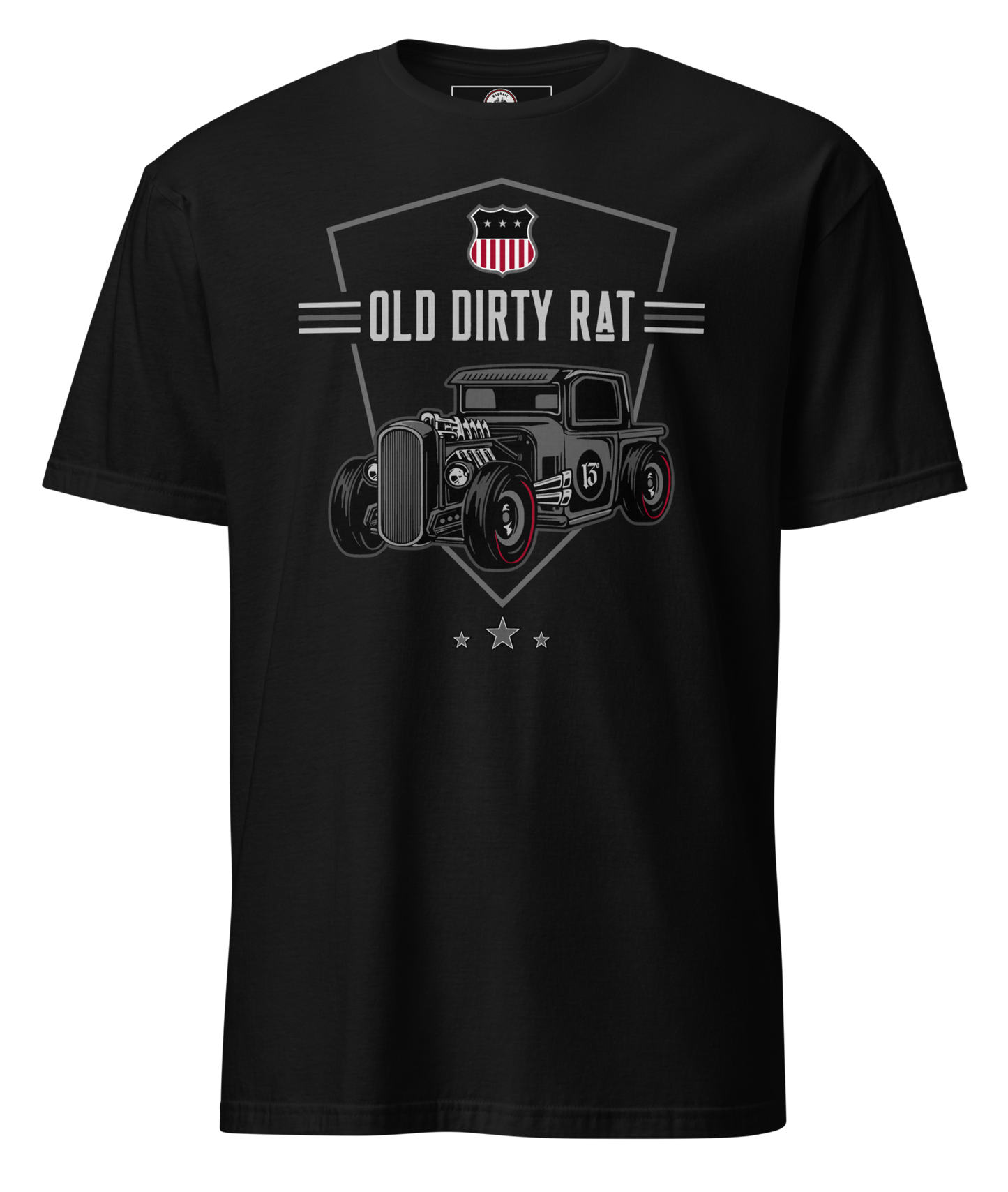Front view of the Asphalt Anarchist Old Dirty Rat soft‑style black tee with bold rat‑rod artwork and American shield detail. Old Skool Hot Rod Apparel. AI‑generated image.