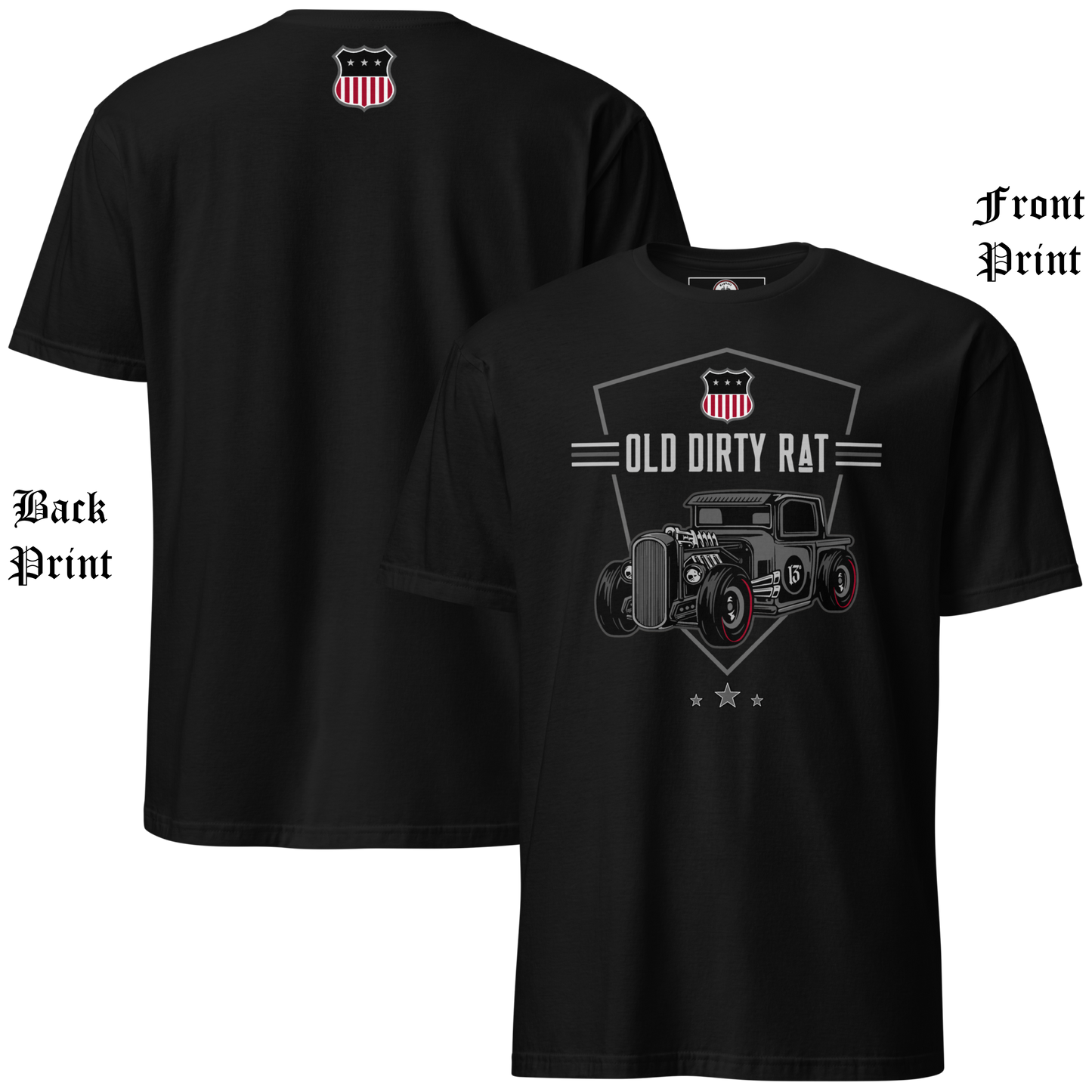 
                  
                    Front & back view of the Asphalt Anarchist Old Dirty Rat soft‑style black tee with bold rat‑rod artwork and American shield detail. Old Skool Hot Rod Apparel. AI‑generated image.
                  
                