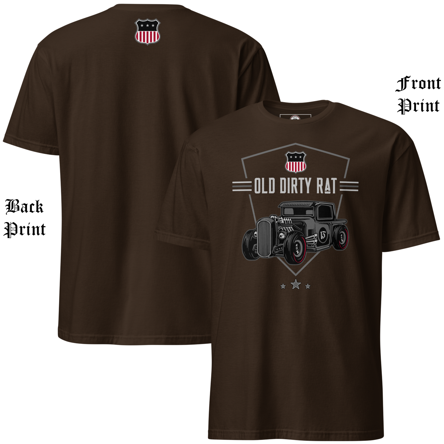 
                  
                    Front & back view of the Asphalt Anarchist Old Dirty Rat soft‑style brown tee with bold rat‑rod artwork and American shield detail. Old Skool Hot Rod Apparel. AI‑generated 
                  
                