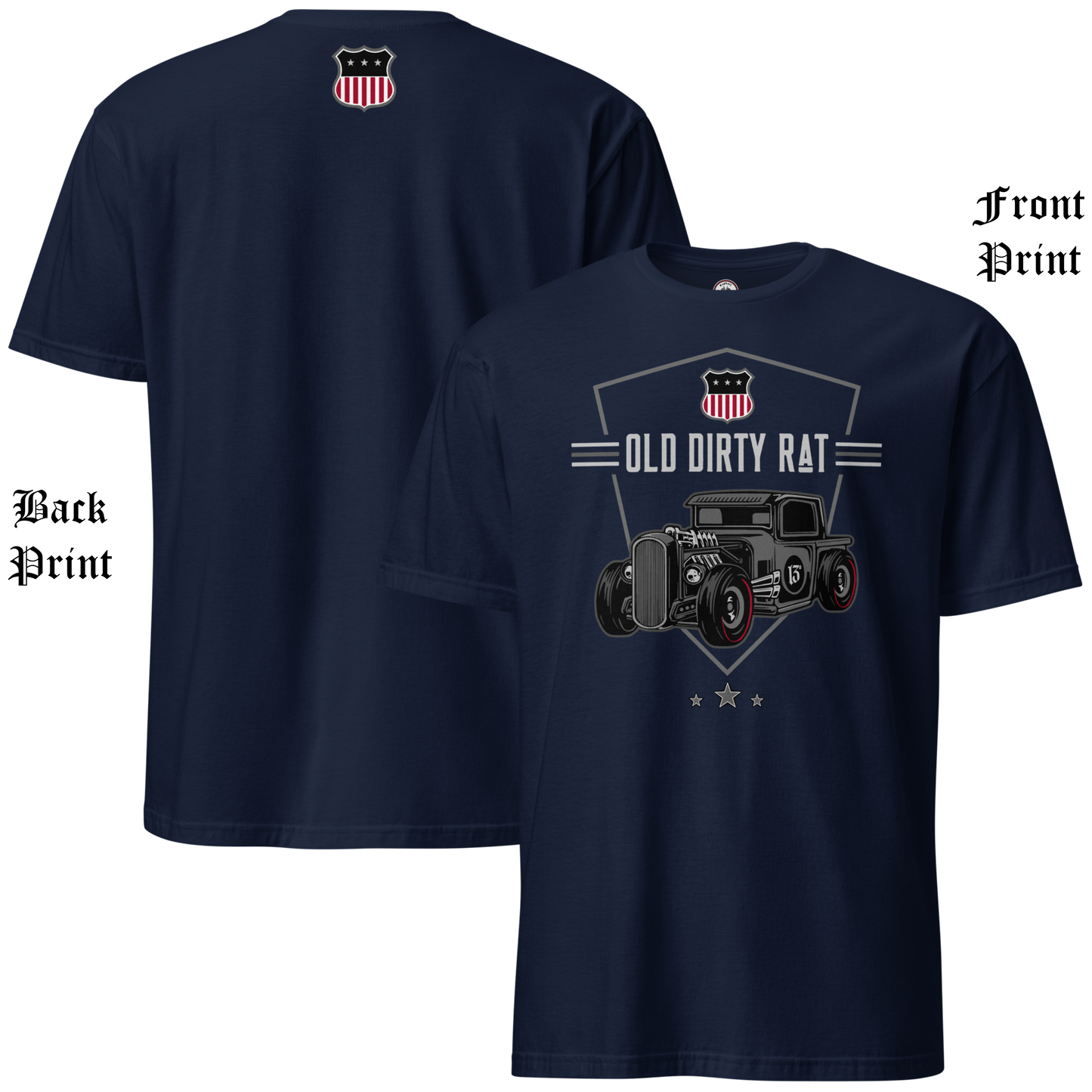 
                  
                    Front & back view of the Asphalt Anarchist Old Dirty Rat soft‑style navy tee with bold rat‑rod artwork and American shield detail. Old Skool Hot Rod Apparel. AI‑generated 
                  
                