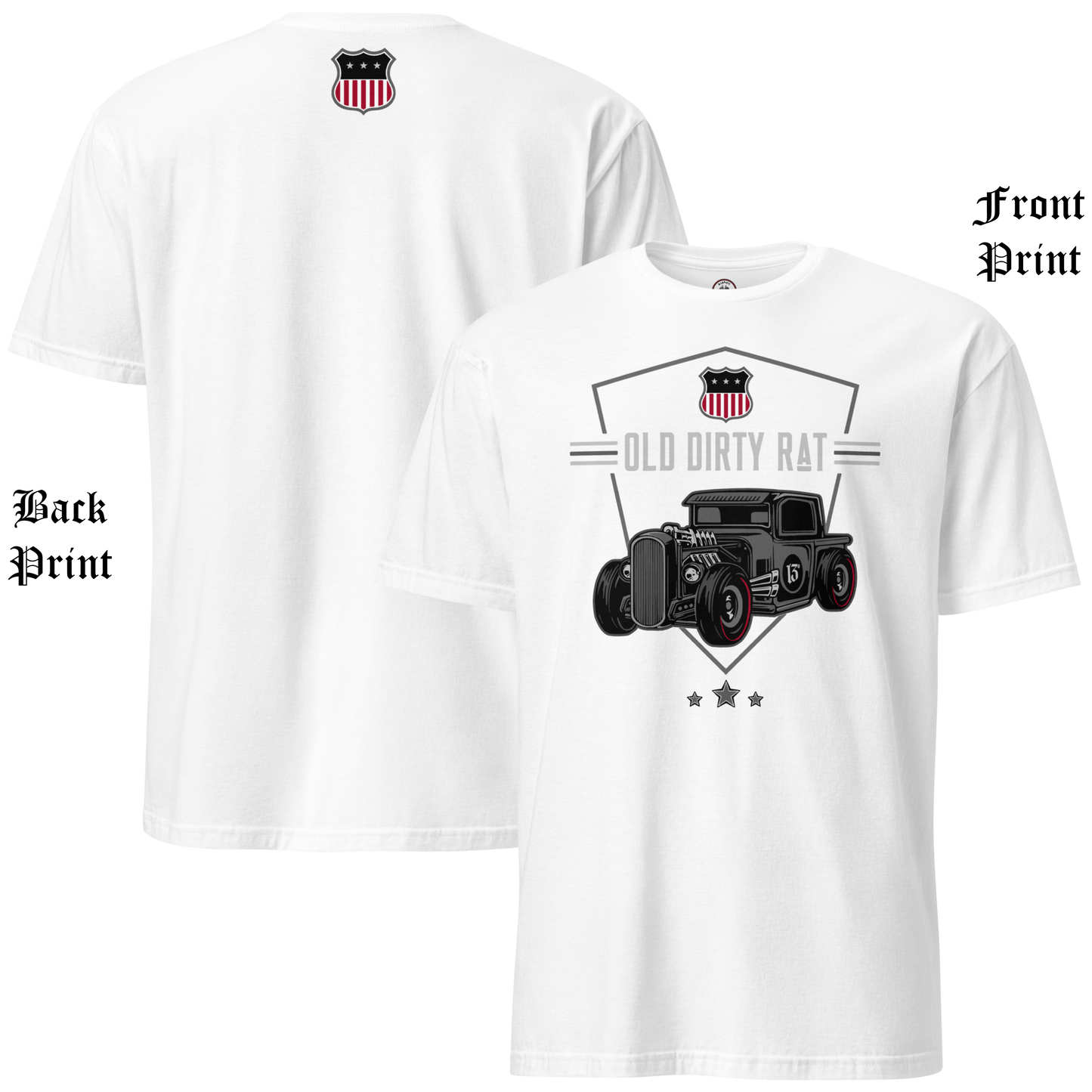 
                  
                    Front & back view of the Asphalt Anarchist Old Dirty Rat soft‑style white tee with bold rat‑rod artwork and American shield detail. Old Skool Hot Rod Apparel. AI‑generated 
                  
                