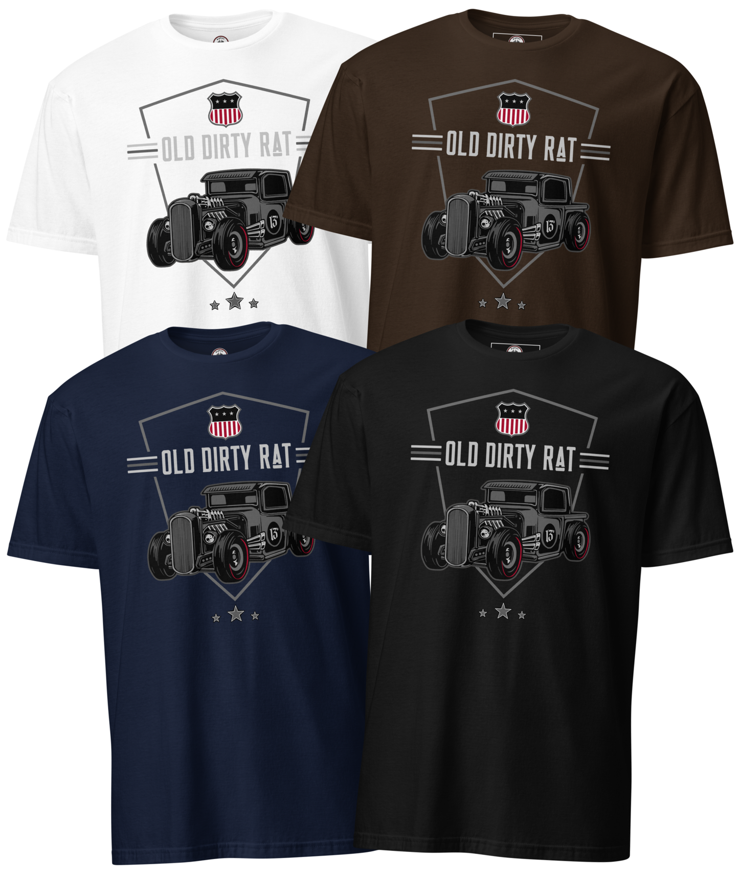 Front collage view of the Asphalt Anarchist Old Dirty Rat soft‑style tee in black, brown, navy, or white with bold rat‑rod artwork and American shield detail. Old Skool Hot Rod Apparel. AI‑generated image.