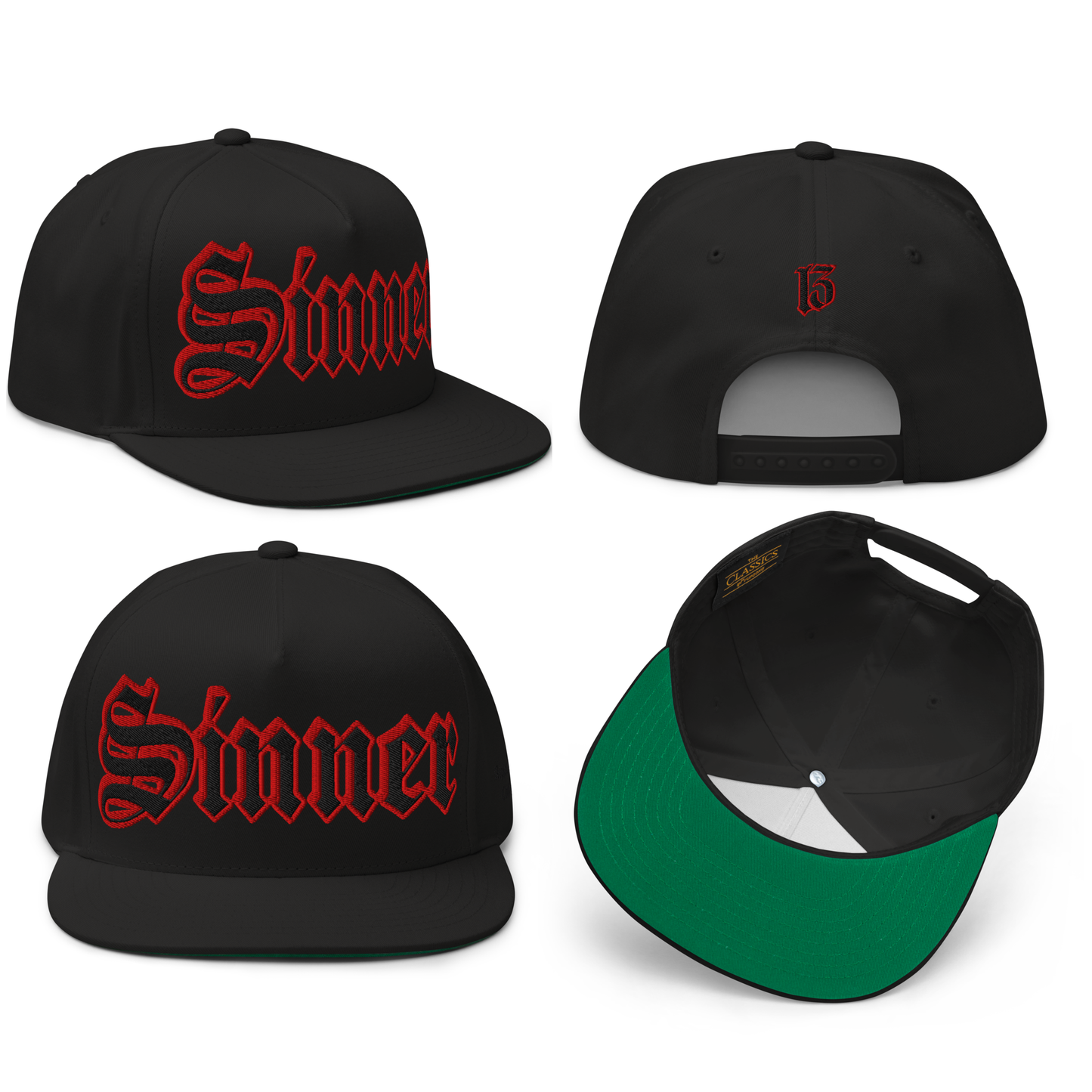 
                  
                    Front collage view of Asphalt Anarchist's Original Sinner Snapback in black with prominent Gothic “Sinner” front embroidery, flat brim, and structured profile. AI Generated Image.
                  
                