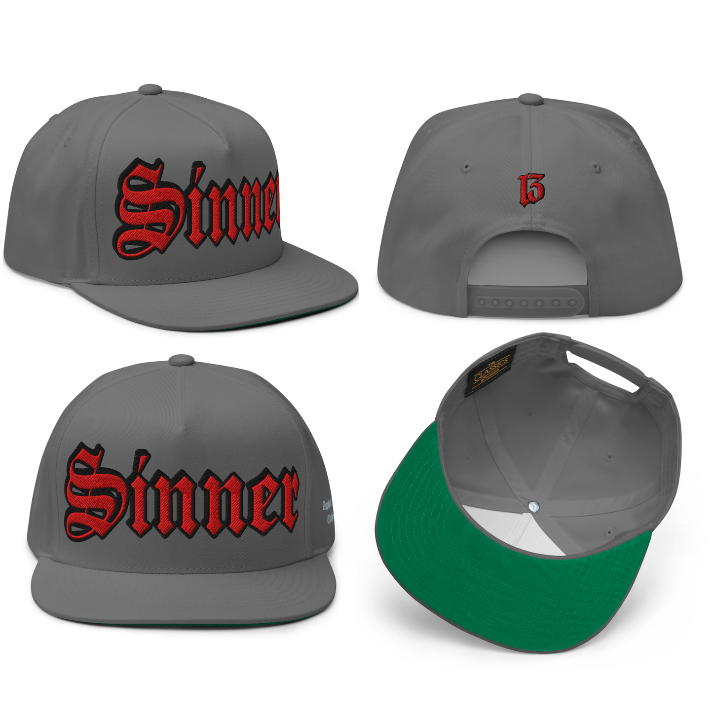 
                  
                    Front collage view of Asphalt Anarchist's Original Sinner Snapback in gray with prominent Gothic “Sinner” front embroidery, flat brim, and structured profile. AI Generated Image.
                  
                