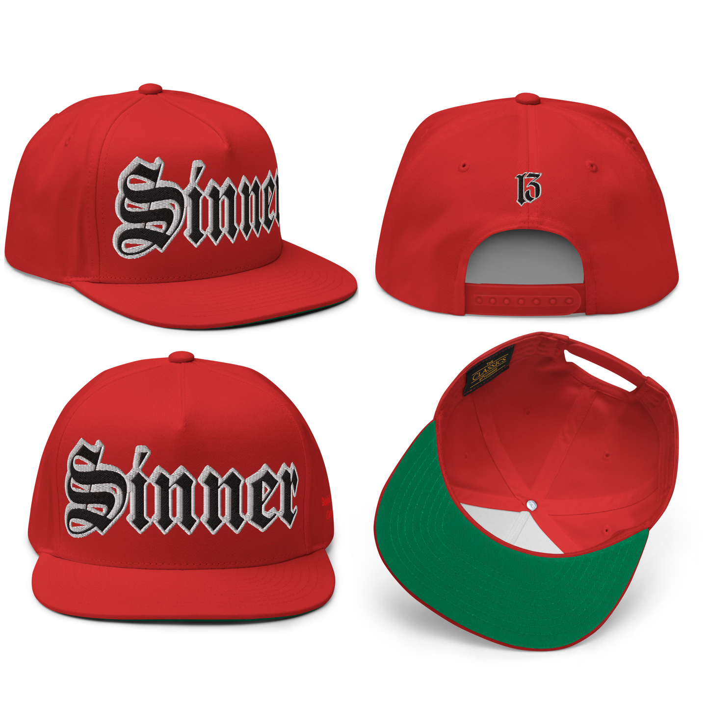 
                  
                    Front collage view of Asphalt Anarchist's Original Sinner Snapback in red with prominent Gothic “Sinner” front embroidery, flat brim, and structured profile. AI Generated Image.
                  
                