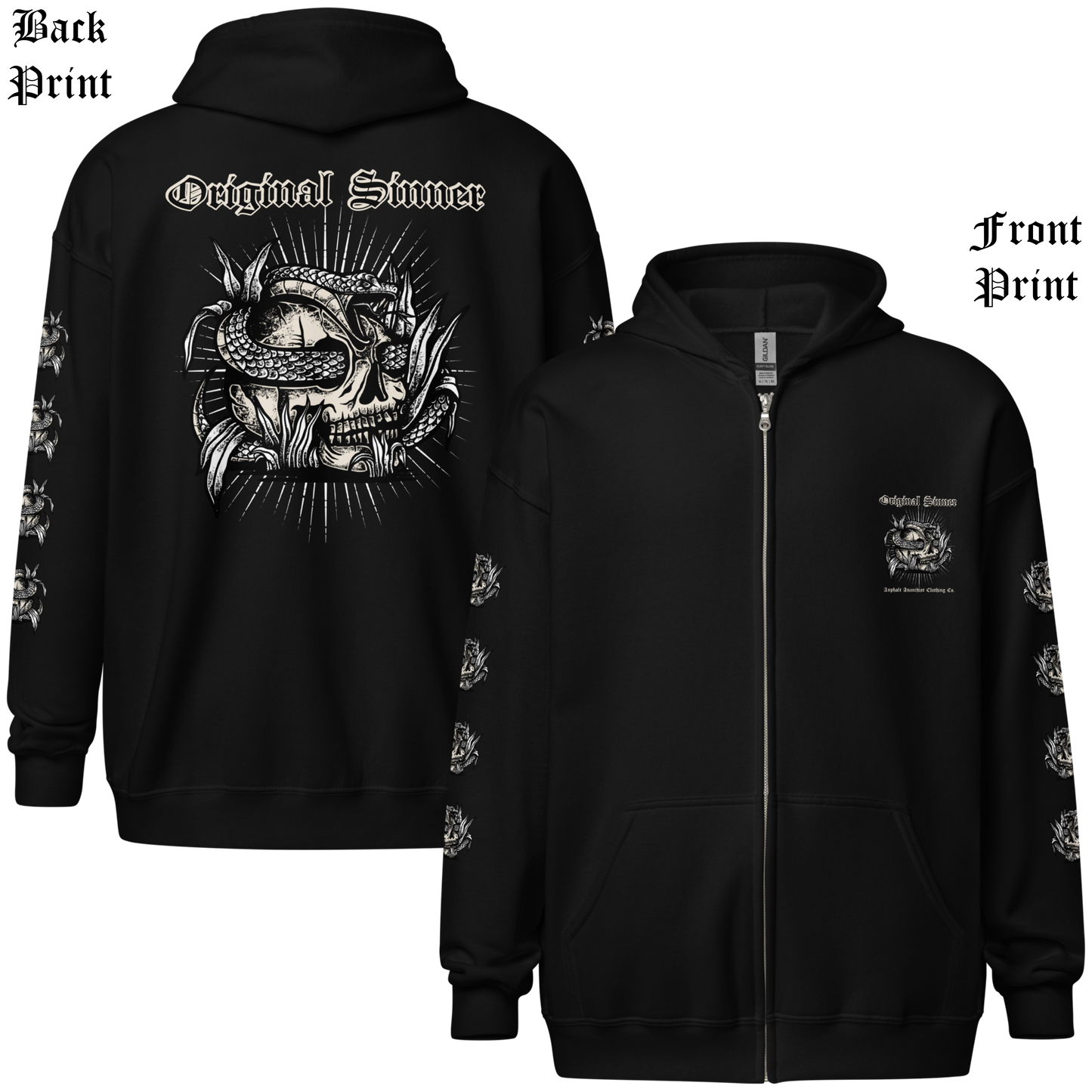
                  
                    Back & front view of the Original Sinner Heavy Zipper Hoodie in black from Asphalt Anarchist, showcasing skull‑and‑serpent graphics for alternative, biker, and outlaw‑inspired style. AI Generated Image.
                  
                
