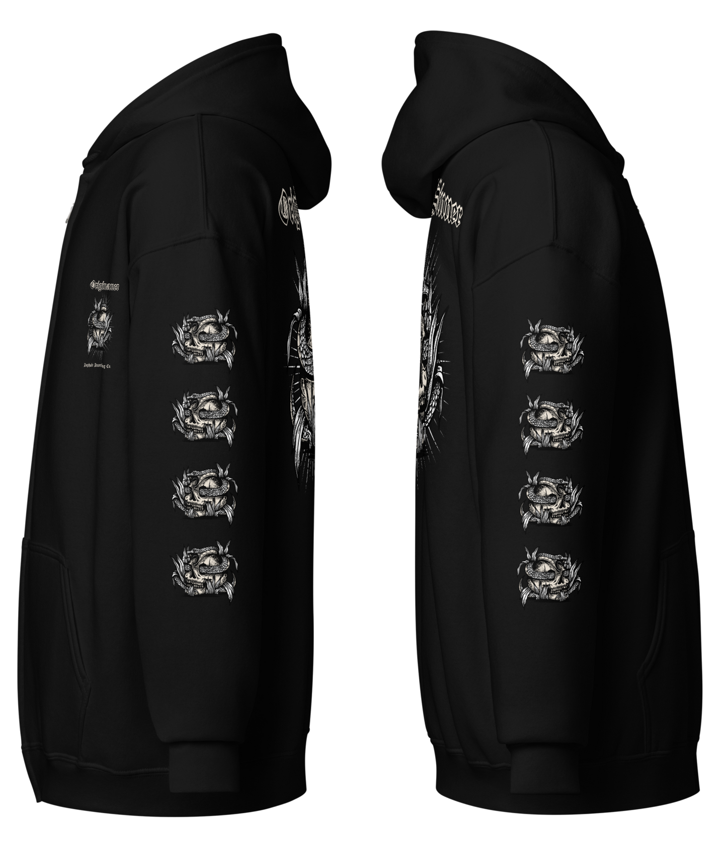 
                  
                    Side view of the Original Sinner Heavy Zipper Hoodie in black from Asphalt Anarchist, showcasing skull‑and‑serpent graphics for alternative, biker, and outlaw‑inspired style. AI Generated Image.
                  
                