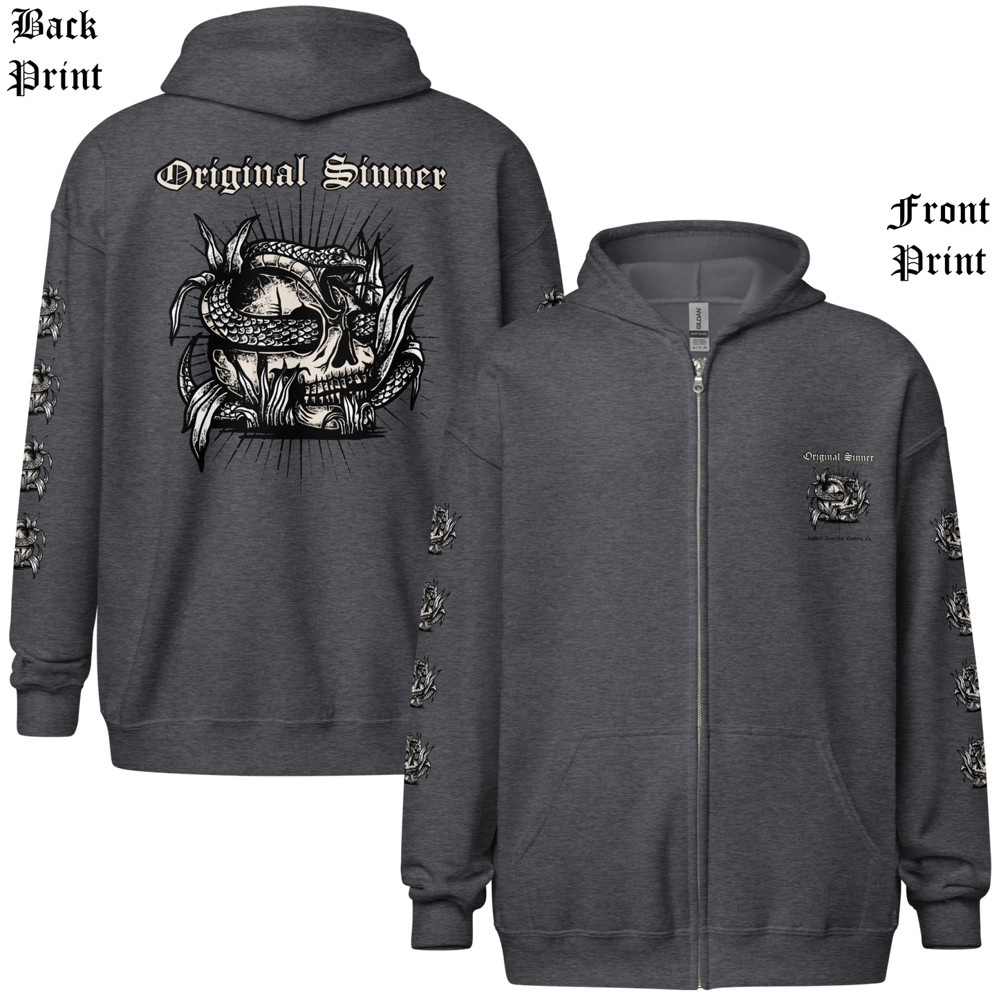 
                  
                    Back & front view of the Original Sinner Heavy Zipper Hoodie in dark heather from Asphalt Anarchist, showcasing skull‑and‑serpent graphics for alternative, biker, and outlaw‑inspired style. AI Generated Image.
                  
                