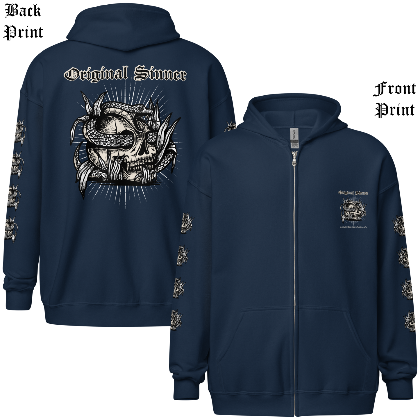 
                  
                    Back & front view of the Original Sinner Heavy Zipper Hoodie in navy from Asphalt Anarchist, showcasing skull‑and‑serpent graphics for alternative, biker, and outlaw‑inspired style. AI Generated Image.
                  
                