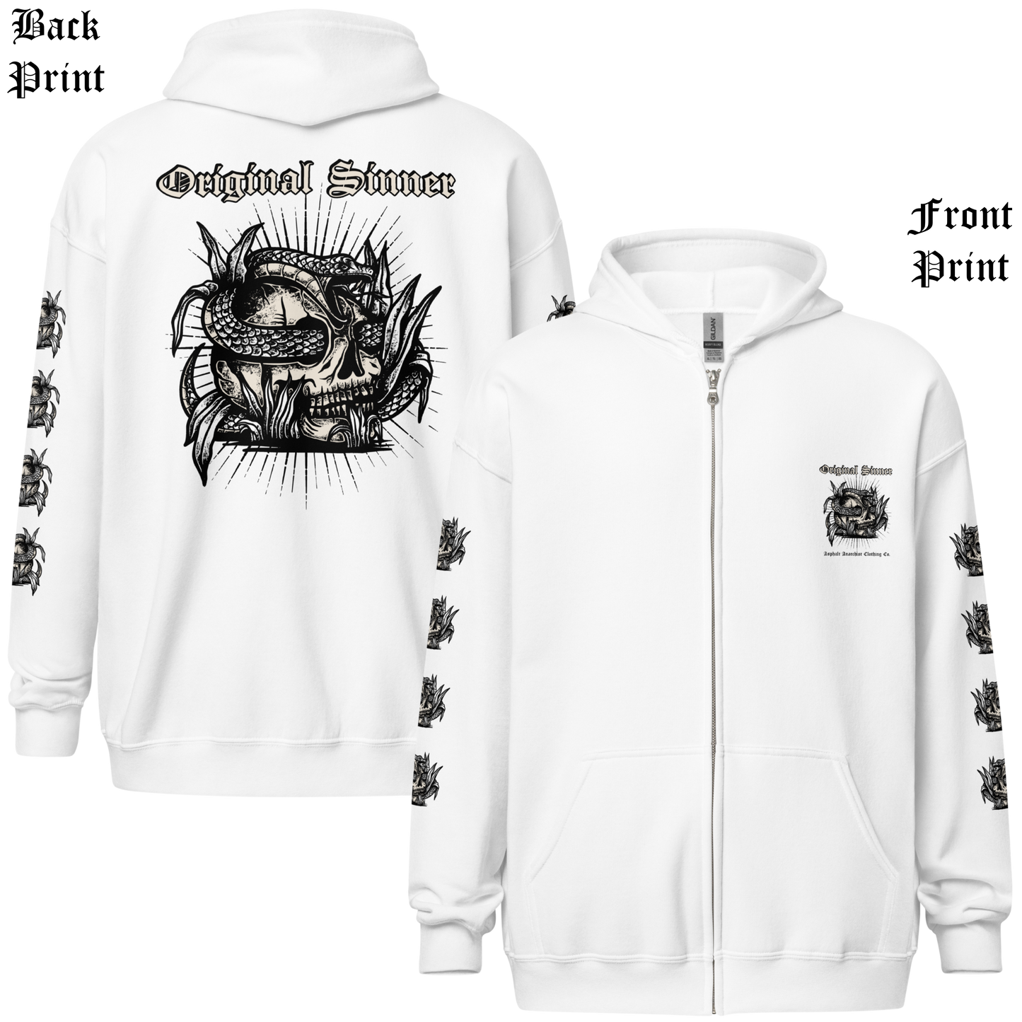 
                  
                    Back & front view of the Original Sinner Heavy Zipper Hoodie in white from Asphalt Anarchist, showcasing skull‑and‑serpent graphics for alternative, biker, and outlaw‑inspired style. AI Generated Image.
                  
                