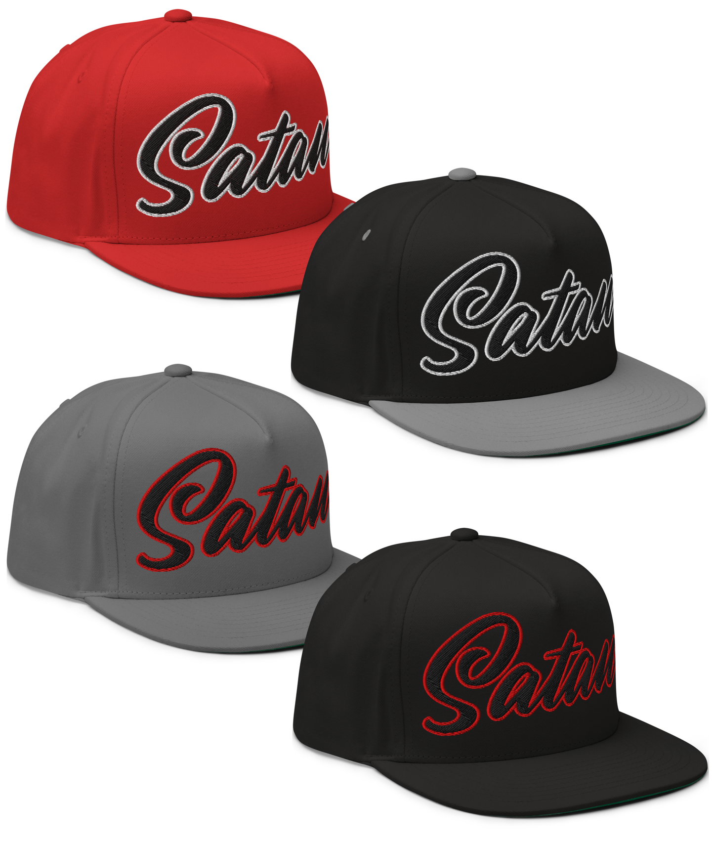 Front View Collage of the Satan’s All Star Embroidered Snapback by Asphalt Anarchist Clothing Co.—available in black, black & gray, gray, and red, 5-panel cap with cursive “Satan” front and 666 back embroidery. AI-generated image.