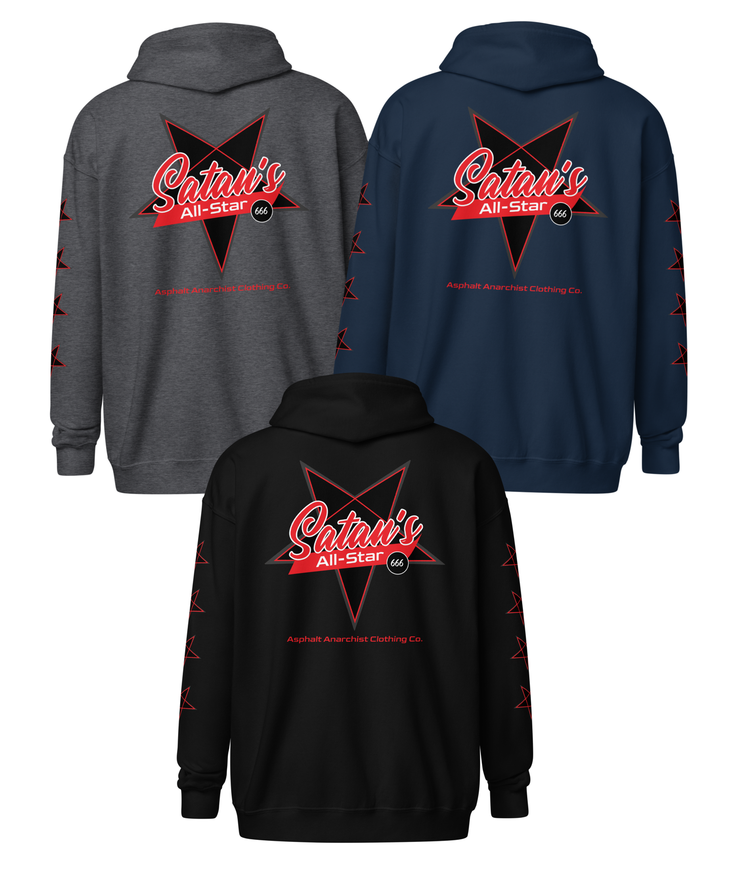 Back view of the Satan’s All Star Heavy Zipper Hoodie in black, gray, or navy from Asphalt Anarchist. Featuring a bold pentagram emblem team emblem, 666 ball image, pentagrams down the sleeves. Think baseball team from hell. AI-generated image.