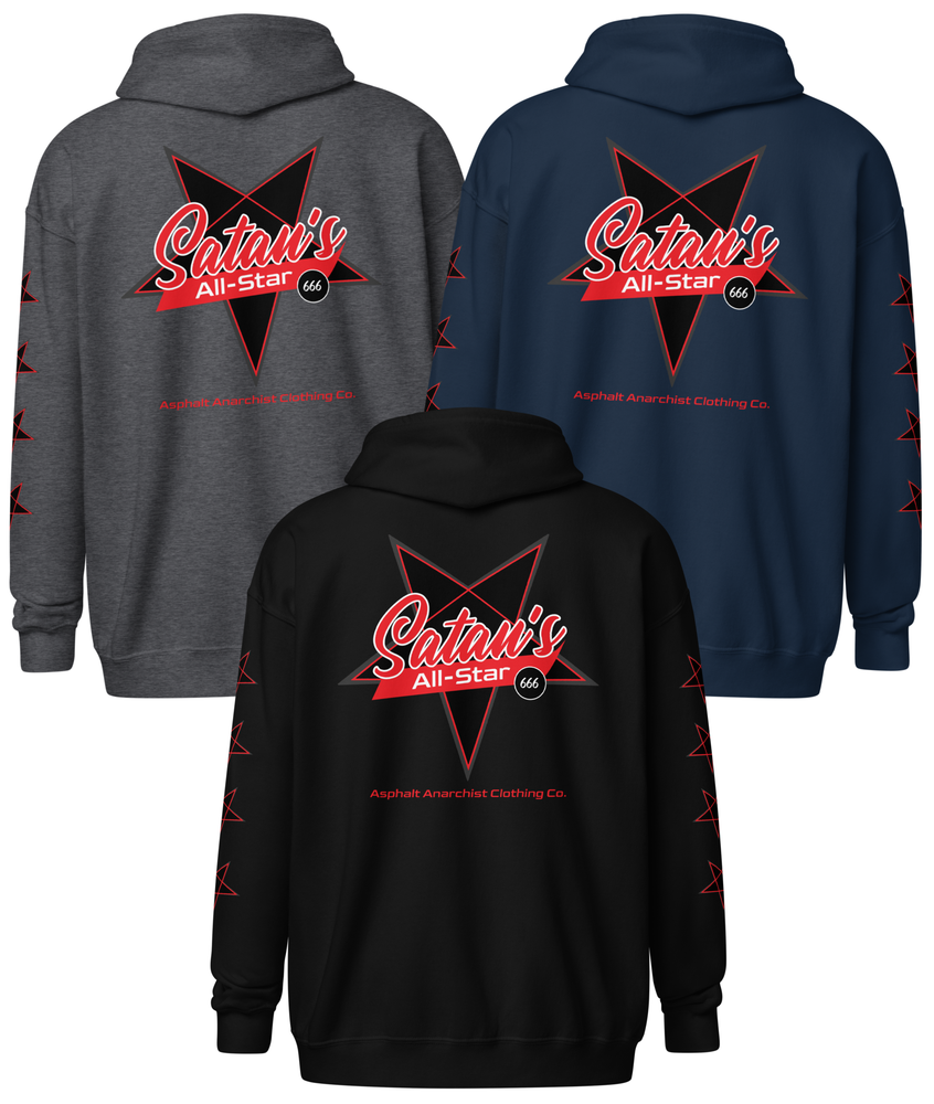Back view of the Satan’s All Star Heavy Zipper Hoodie in black, gray, or navy from Asphalt Anarchist. Featuring a bold pentagram emblem team emblem, 666 ball image, pentagrams down the sleeves. Think baseball team from hell. AI-generated image.