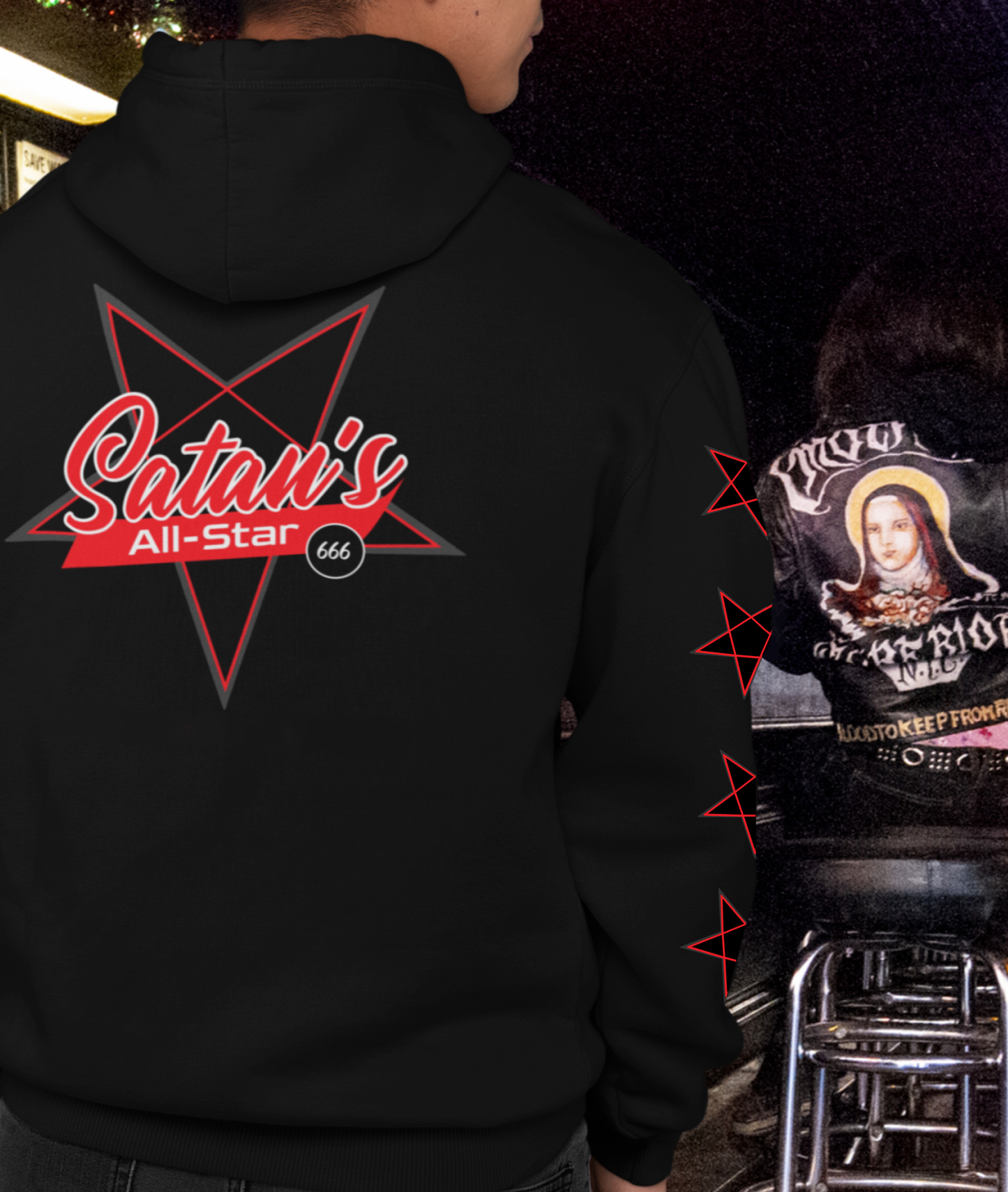 
                  
                    Guy in a bar walks up to chat a up cute rockabilly girl. He is wearing the Satan’s All Star Heavy Zipper Hoodie in black from Asphalt Anarchist. Featuring a bold pentagram emblem team emblem, 666 ball image, pentagrams down the sleeves. Think baseball team from hell. AI-generated image.
                  
                