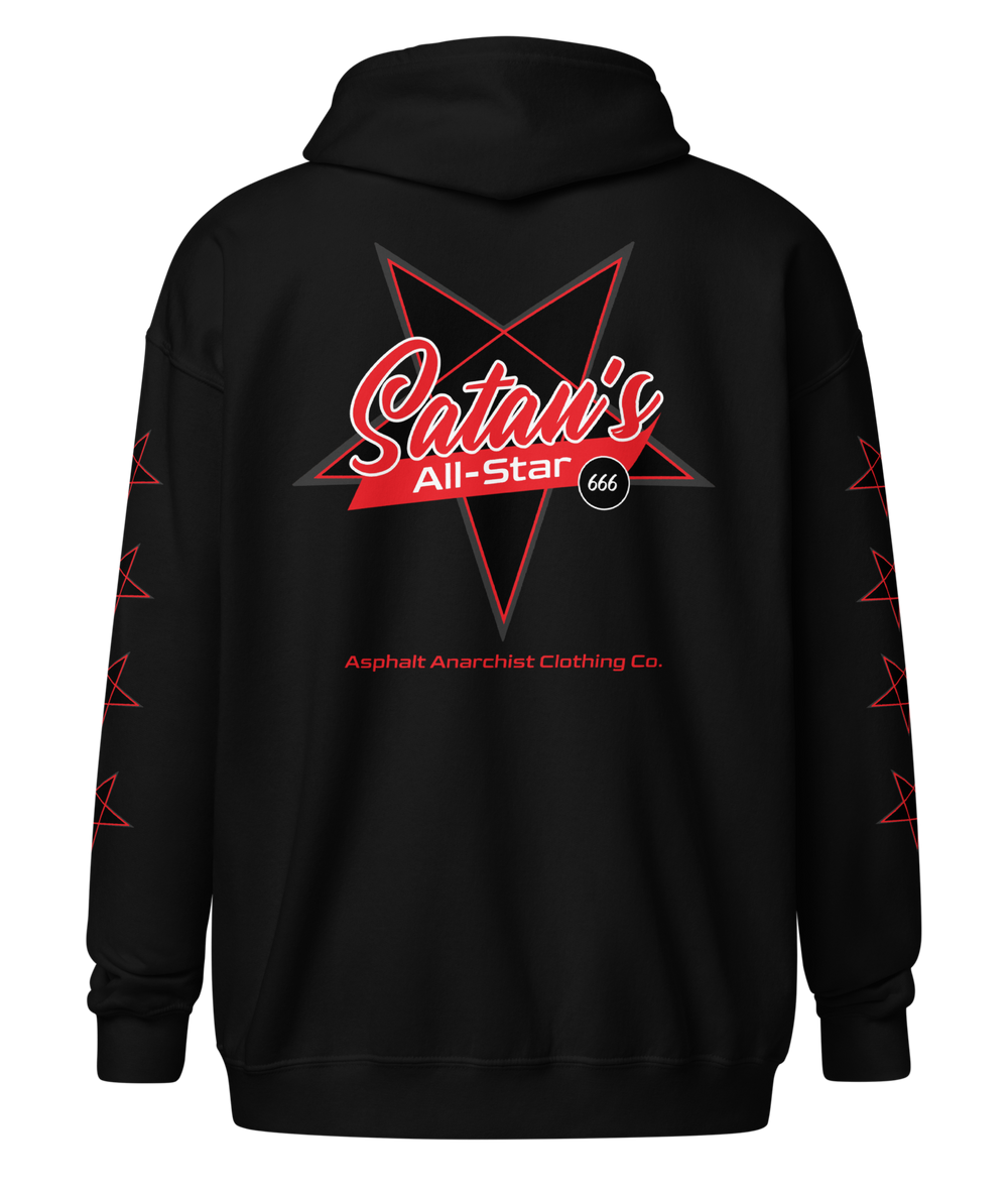 Back view of the Satan’s All Star Heavy Zipper Hoodie in black from Asphalt Anarchist. Featuring a bold pentagram emblem team emblem, 666 ball image, pentagrams down the sleeves. Think baseball team from hell. AI-generated image.
