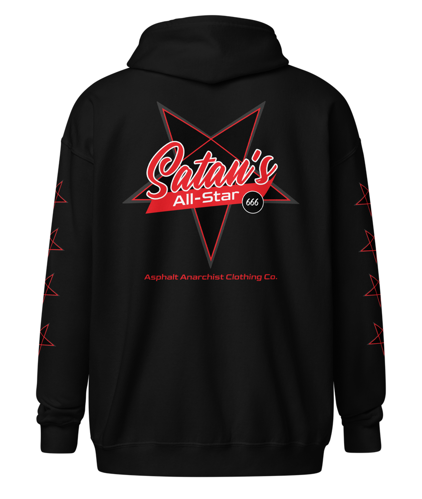 Back view of the Satan’s All Star Heavy Zipper Hoodie in black from Asphalt Anarchist. Featuring a bold pentagram emblem team emblem, 666 ball image, pentagrams down the sleeves. Think baseball team from hell. AI-generated image.
