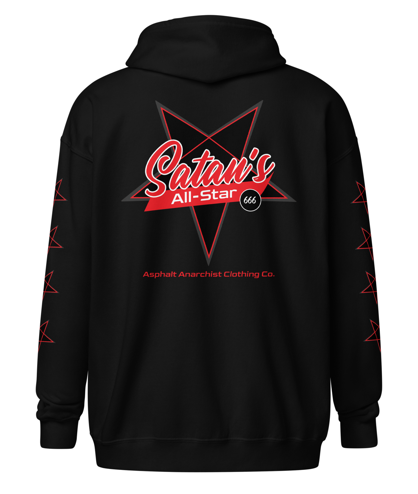 Back view of the Satan’s All Star Heavy Zipper Hoodie in black from Asphalt Anarchist. Featuring a bold pentagram emblem team emblem, 666 ball image, pentagrams down the sleeves. Think baseball team from hell. AI-generated image.

