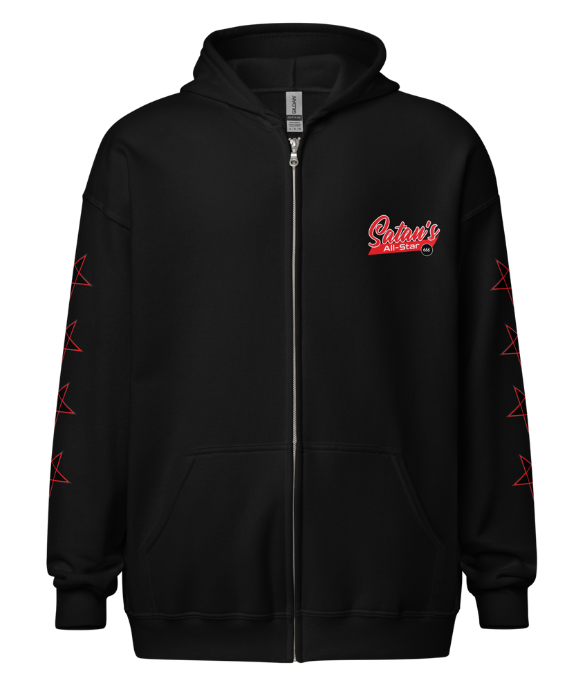 
                  
                    Front view of the Satan’s All Star Heavy Zipper Hoodie in black from Asphalt Anarchist. Featuring a bold pentagram emblem team emblem, 666 ball image, pentagrams down the sleeves. Think baseball team from hell. AI-generated image.
                  
                