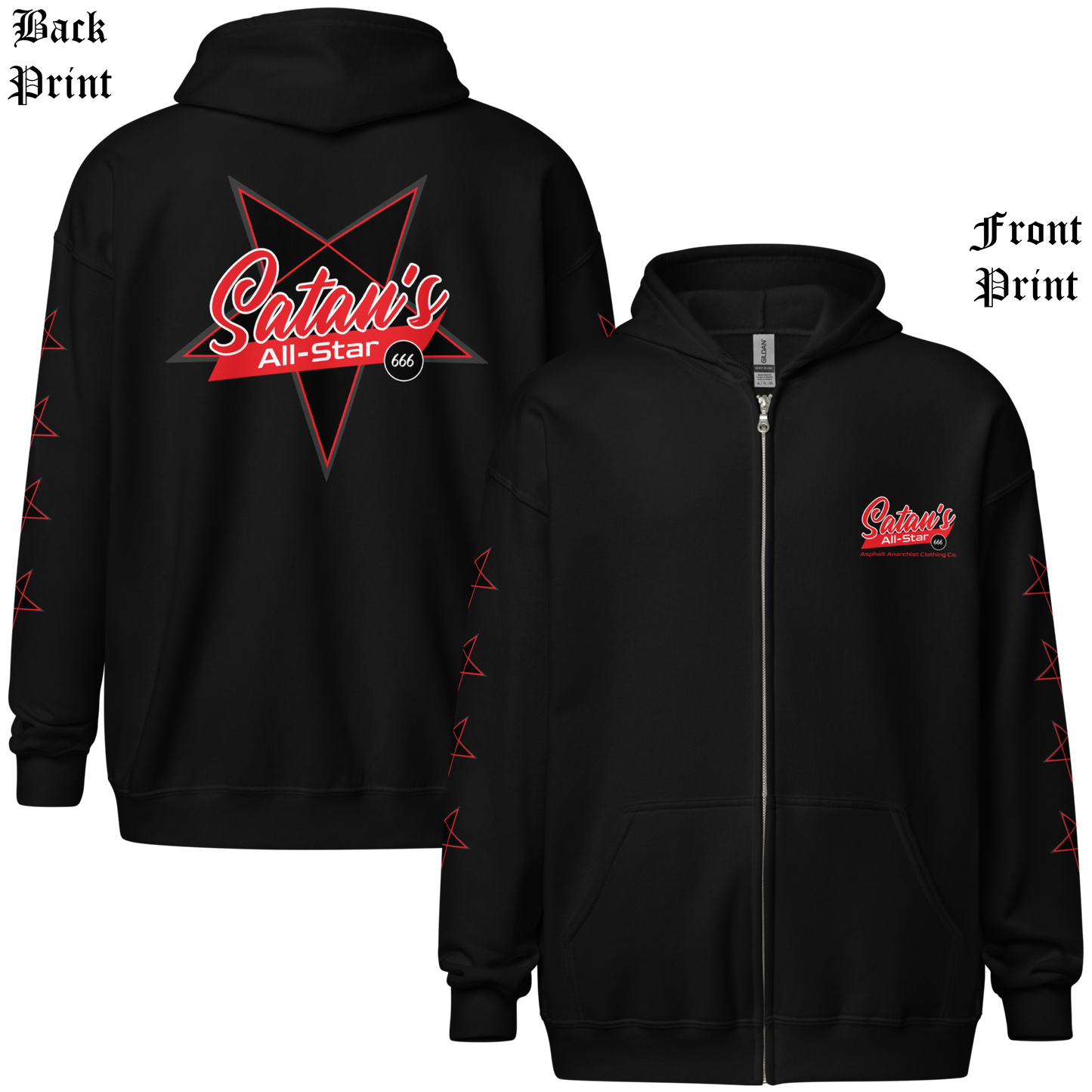 
                  
                    Back & front view of the Satan’s All Star Heavy Zipper Hoodie in black from Asphalt Anarchist. Featuring a bold pentagram emblem team emblem, 666 ball image, pentagrams down the sleeves. Think baseball team from hell. AI-generated image.
                  
                