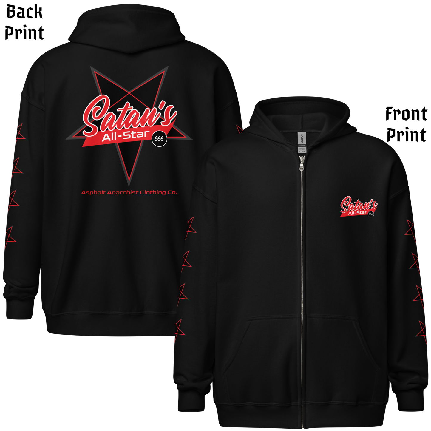 
                  
                    Back & front view of the Satan’s All Star Heavy Zipper Hoodie in black from Asphalt Anarchist. Featuring a bold pentagram emblem team emblem, 666 ball image, pentagrams down the sleeves. Think baseball team from hell. AI-generated image.
                  
                