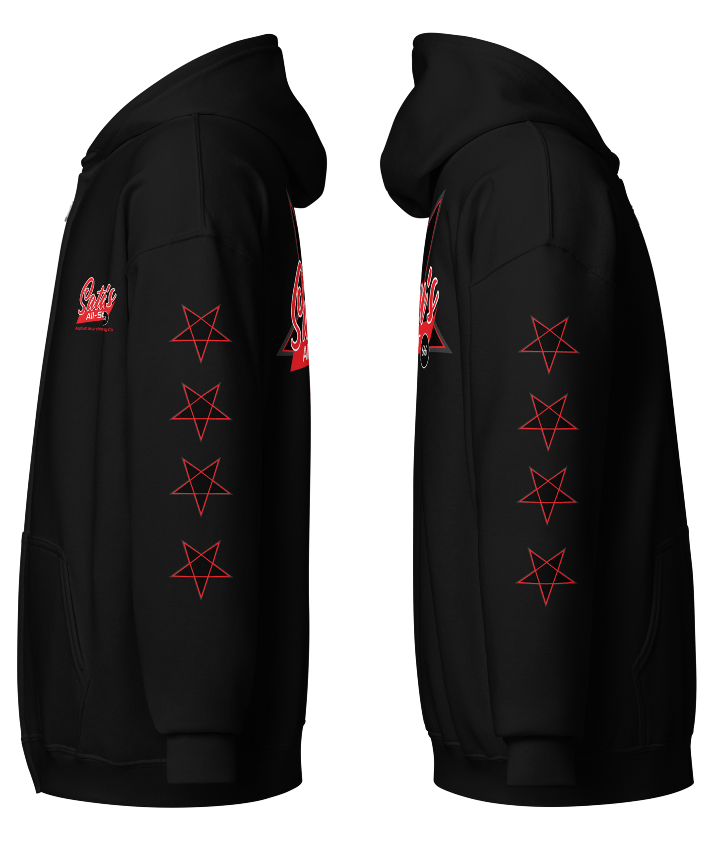 
                  
                    Left & right side view of the Satan’s All Star Heavy Zipper Hoodie in black from Asphalt Anarchist. Featuring a bold pentagram emblem team emblem, 666 ball image, pentagrams down the sleeves. Think baseball team from hell. AI-generated image.

                  
                