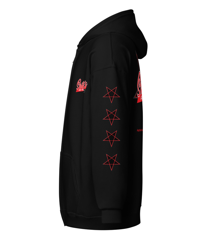 
                  
                    Left side view of the Satan’s All Star Heavy Zipper Hoodie in black from Asphalt Anarchist. Featuring a bold pentagram emblem team emblem, 666 ball image, pentagrams down the sleeves. Think baseball team from hell. AI-generated image.
                  
                