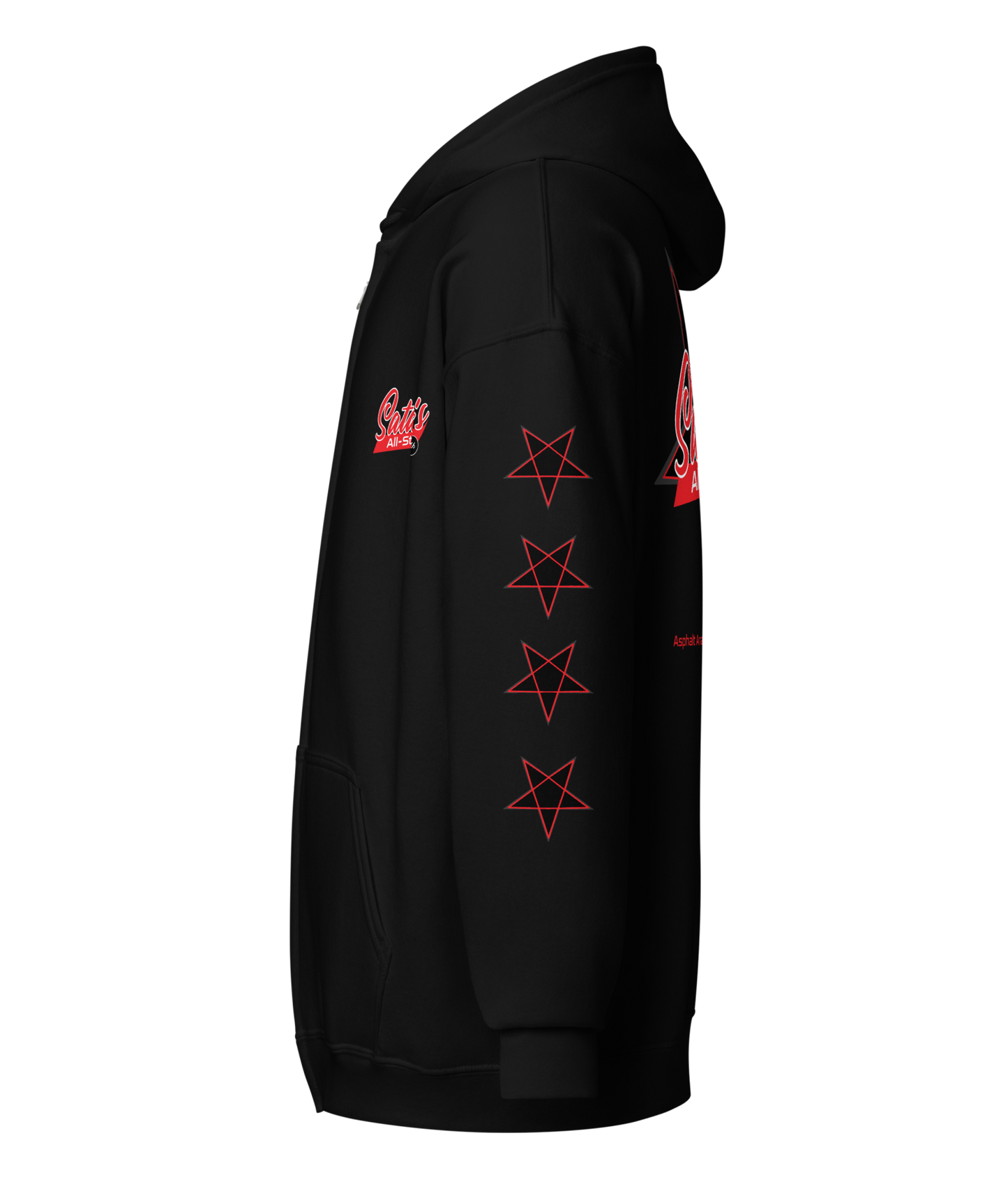 
                  
                    Left side view of the Satan’s All Star Heavy Zipper Hoodie in black from Asphalt Anarchist. Featuring a bold pentagram emblem team emblem, 666 ball image, pentagrams down the sleeves. Think baseball team from hell. AI-generated image.
                  
                