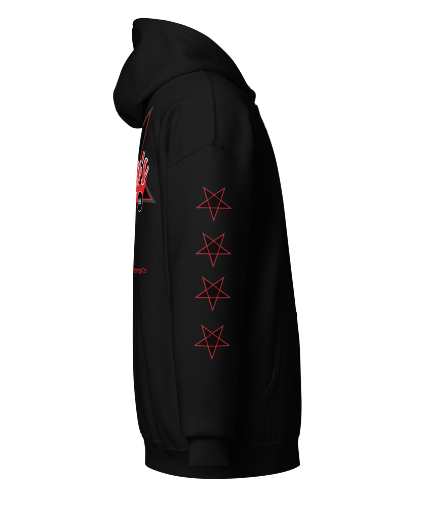 
                  
                    Right side view of the Satan’s All Star Heavy Zipper Hoodie in black from Asphalt Anarchist. Featuring a bold pentagram emblem team emblem, 666 ball image, pentagrams down the sleeves. Think baseball team from hell. AI-generated image.
                  
                