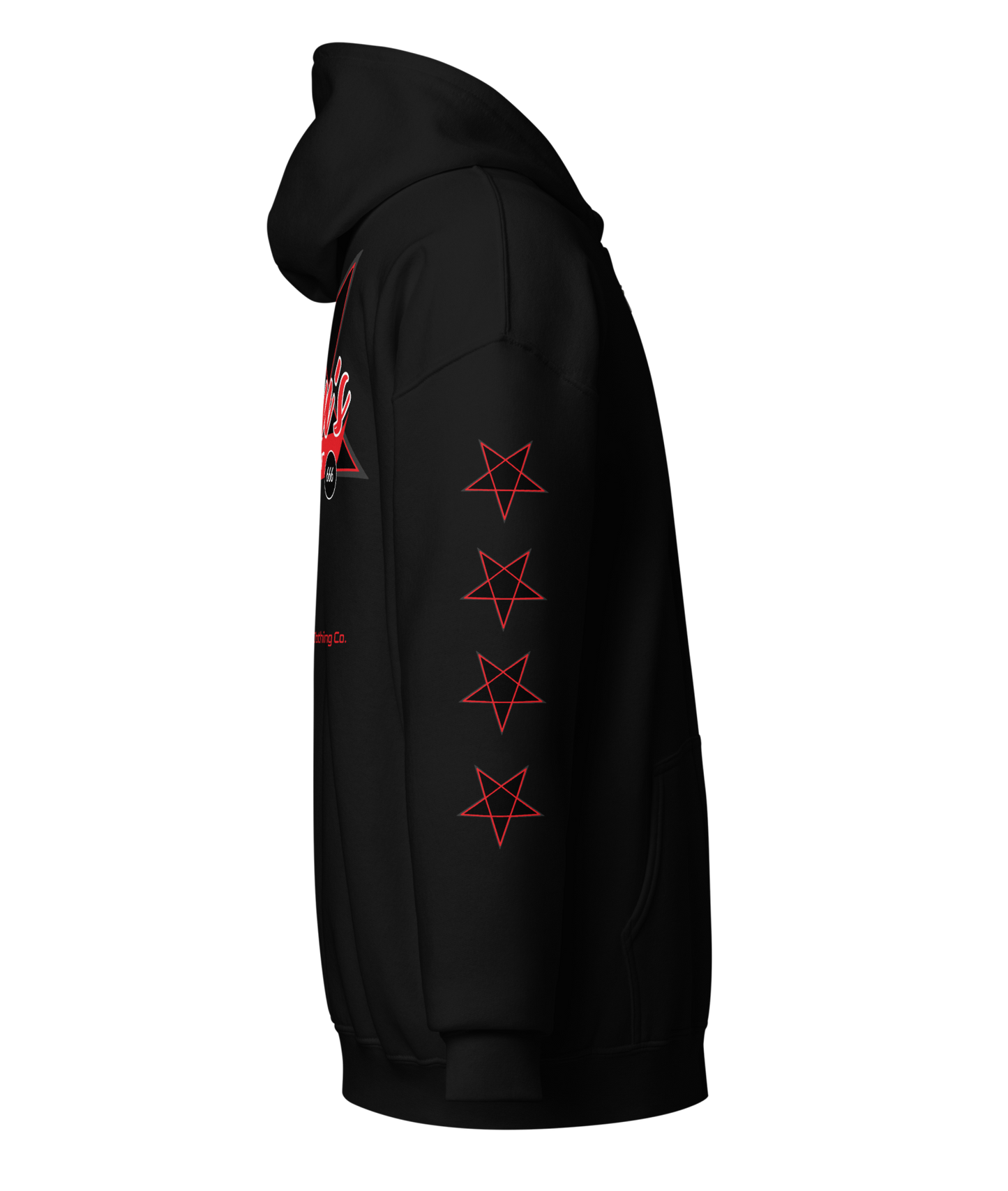 
                  
                    Right side view of the Satan’s All Star Heavy Zipper Hoodie in black from Asphalt Anarchist. Featuring a bold pentagram emblem team emblem, 666 ball image, pentagrams down the sleeves. Think baseball team from hell. AI-generated image.
                  
                