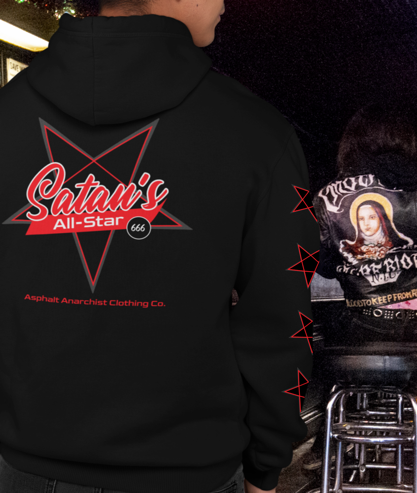 
                  
                    Guy in a bar walks up to chat a up cute rockabilly girl. He is wearing the Satan’s All Star Heavy Zipper Hoodie in black from Asphalt Anarchist. Featuring a bold pentagram emblem team emblem, 666 ball image, pentagrams down the sleeves. Think baseball team from hell. AI-generated image.
                  
                