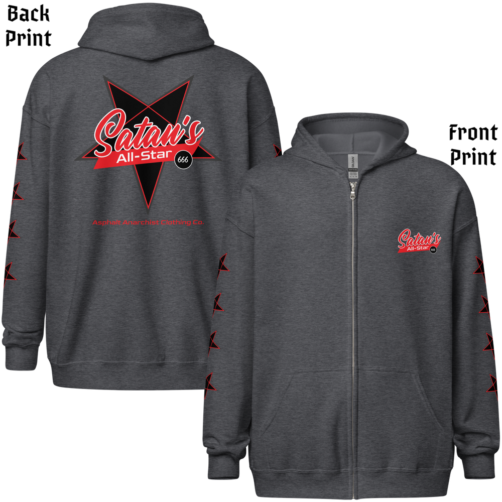 
                  
                    Back & front view of the Satan’s All Star Heavy Zipper Hoodie in dark heather gray from Asphalt Anarchist. Featuring a bold pentagram emblem team emblem, 666 ball image, pentagrams down the sleeves. Think baseball team from hell. AI-generated image.
                  
                