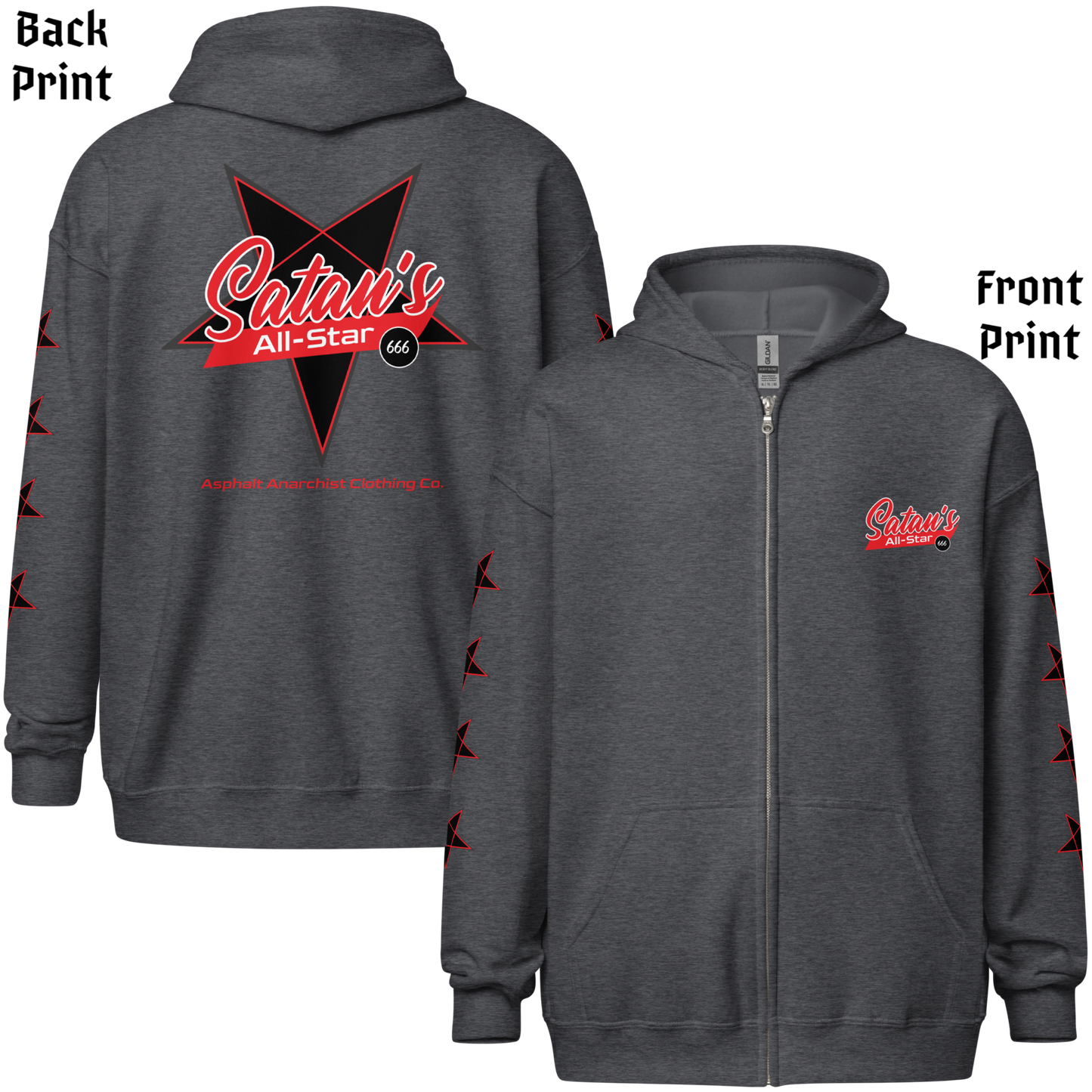 
                  
                    Back & front view of the Satan’s All Star Heavy Zipper Hoodie in dark heather gray from Asphalt Anarchist. Featuring a bold pentagram emblem team emblem, 666 ball image, pentagrams down the sleeves. Think baseball team from hell. AI-generated image.
                  
                