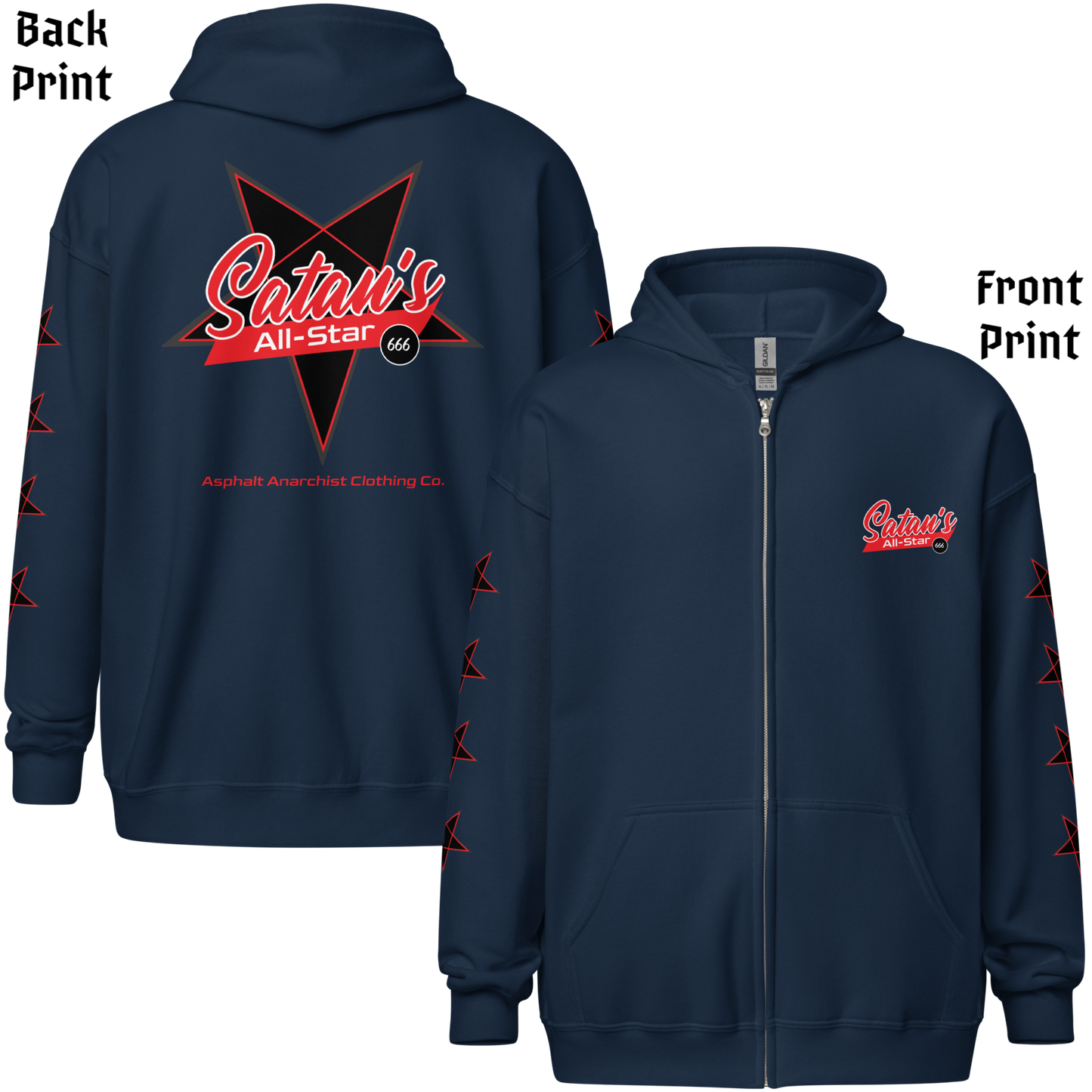 
                  
                    Back & front view of the Satan’s All Star Heavy Zipper Hoodie in navy from Asphalt Anarchist. Featuring a bold pentagram emblem team emblem, 666 ball image, pentagrams down the sleeves. Think baseball team from hell. AI-generated image.
                  
                