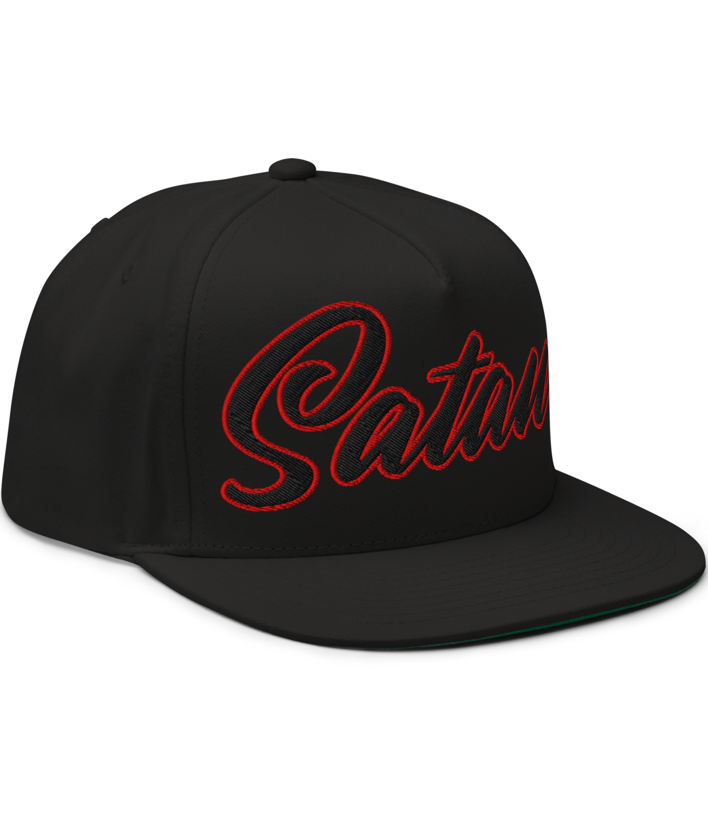 Front View of the Satan’s All Star Embroidered Snapback by Asphalt Anarchist Clothing Co.—black 5-panel cap with cursive “Satan” front and 666 back embroidery. AI-generated image.
