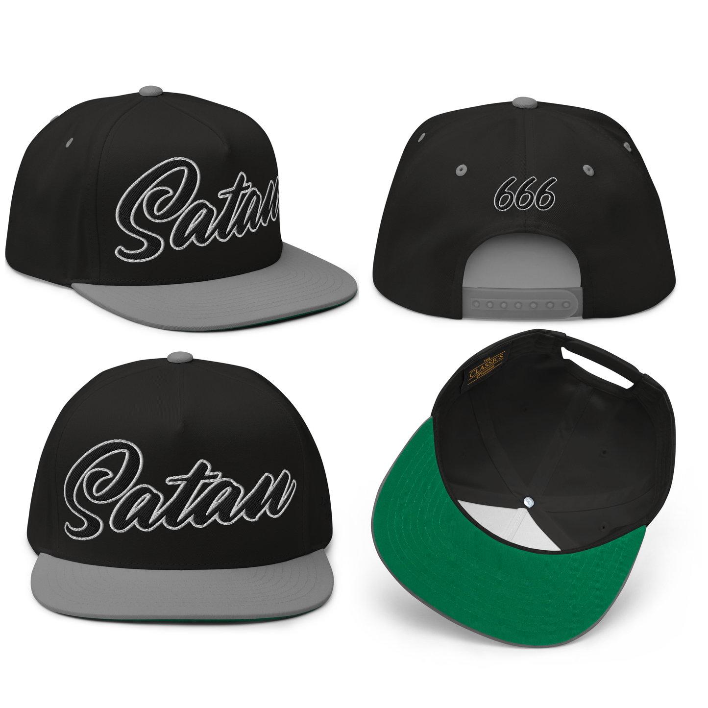 
                  
                    Front View Collage of the Satan’s All Star Embroidered Snapback by Asphalt Anarchist Clothing Co.—black & gray 5-panel cap with cursive “Satan” front and 666 back embroidery. AI-generated image.
                  
                