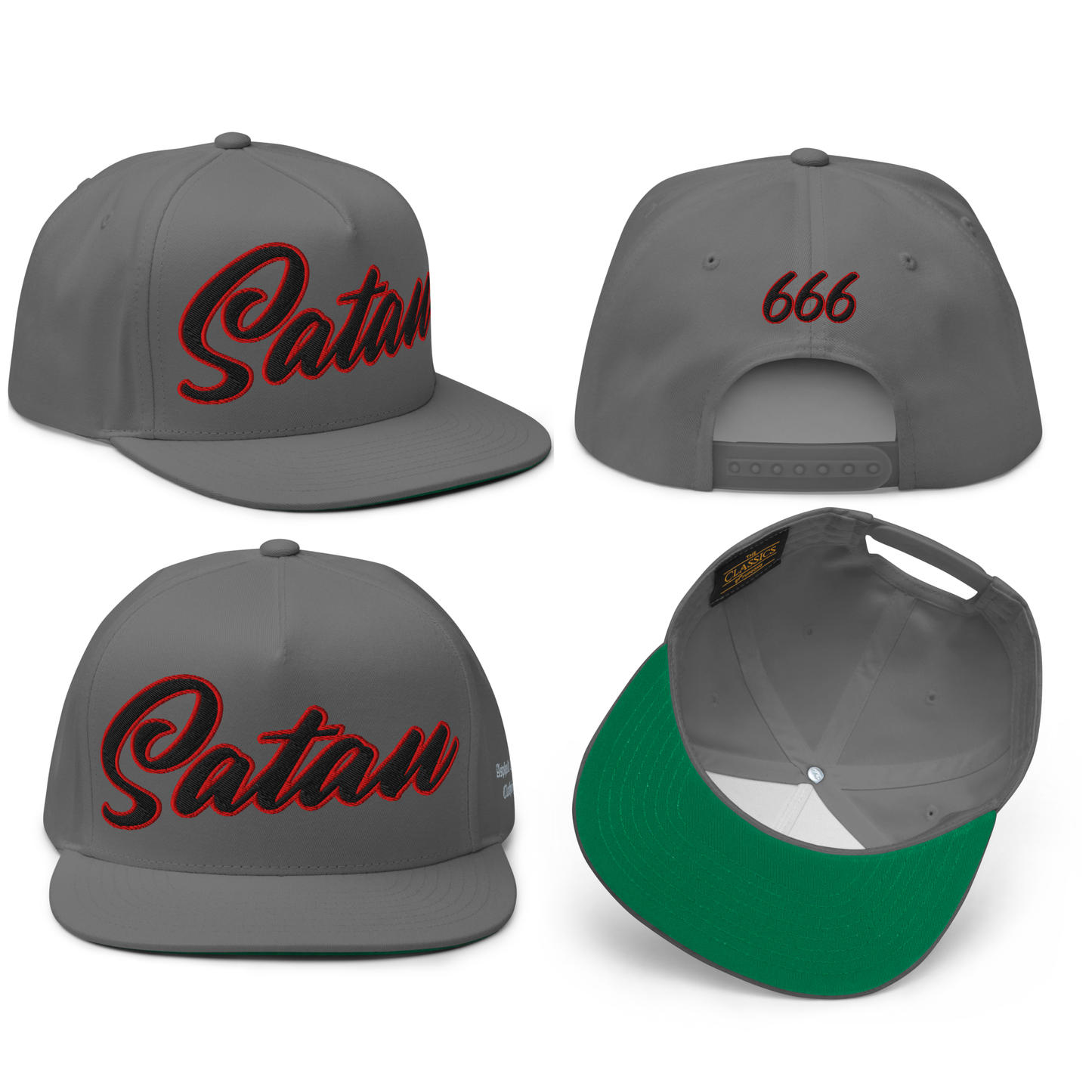 
                  
                    Front View Collage of the Satan’s All Star Embroidered Snapback by Asphalt Anarchist Clothing Co.—gray 5-panel cap with cursive “Satan” front and 666 back embroidery. AI-generated image.
                  
                