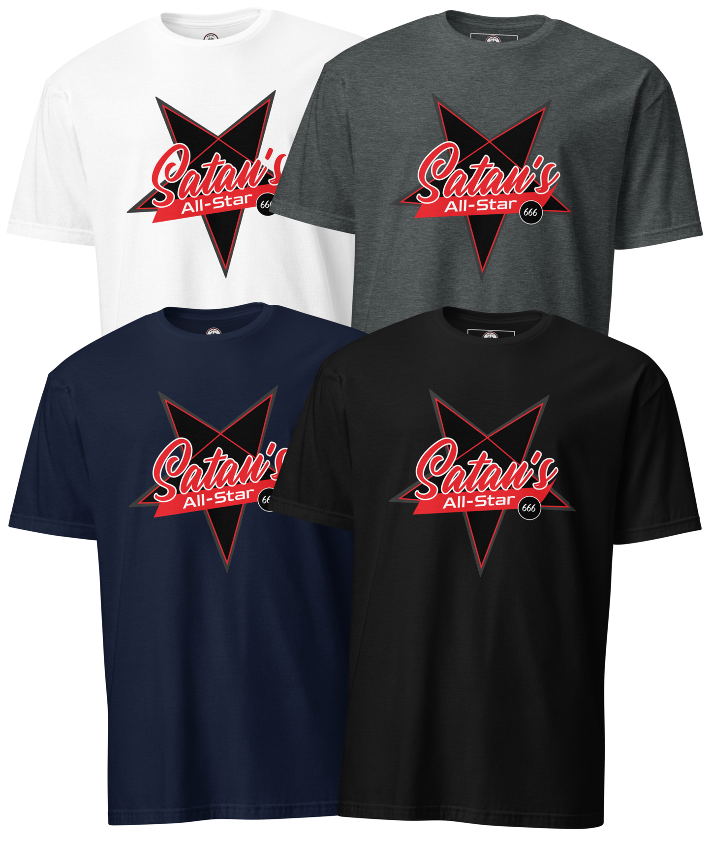 Front collage view of the Satan’s All Star Tee in black, gray, white, or navy from Asphalt Anarchist Clothing Co.—features “Satan’s” in cursive over a pentagram with “All-Star” below and 666 on the back collar. AI-generated image.