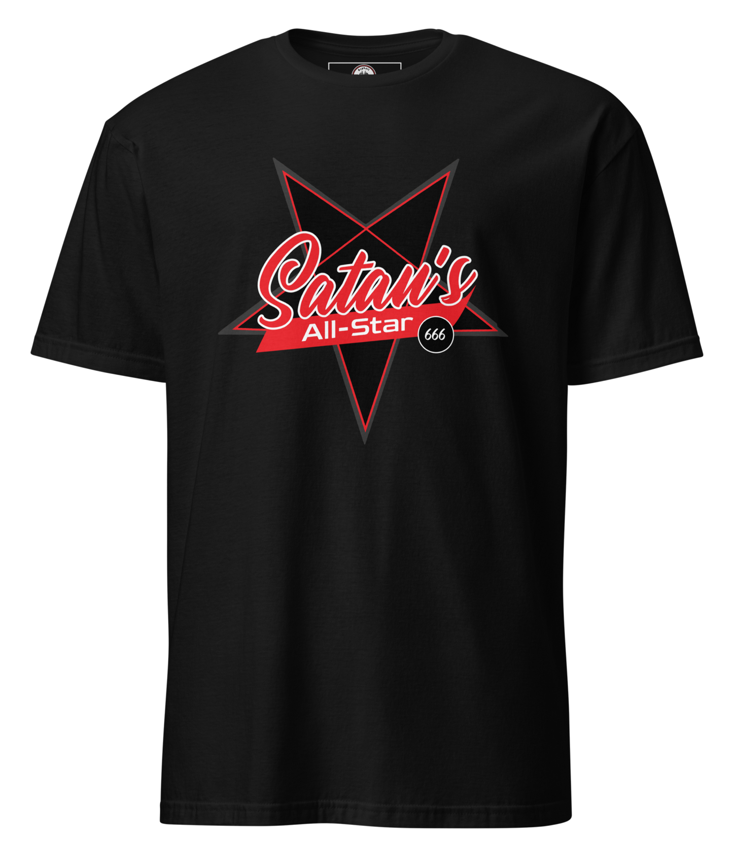 Front view of the Satan’s All Star Tee in black from Asphalt Anarchist Clothing Co.—features “Satan’s” in cursive over a pentagram with “All-Star” below and 666 on the back collar. AI-generated image.