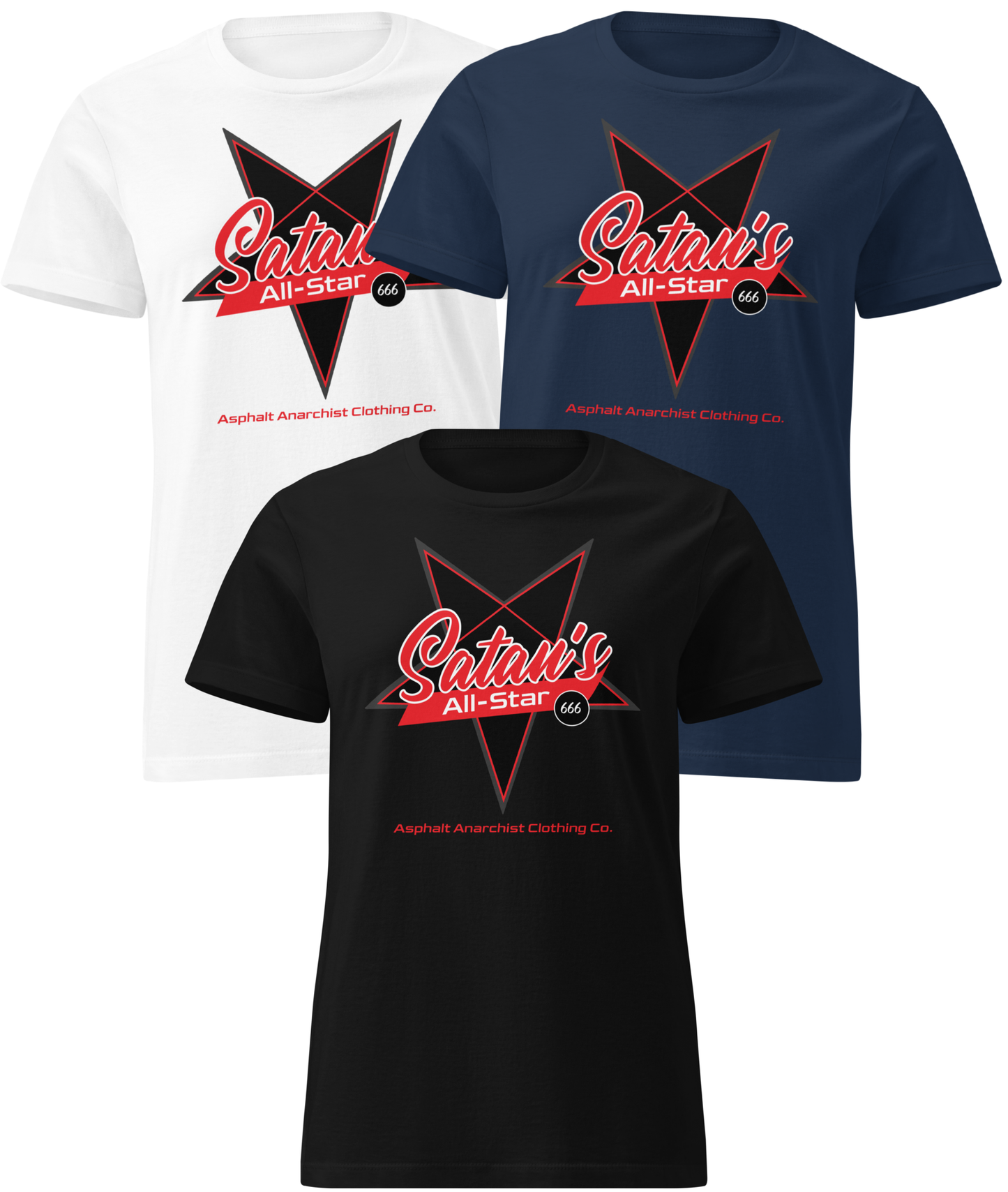 Front collage view Satan’s All Star Women’s Soft-Style Tee in black, navy, or white by Asphalt Anarchist Clothing Co.—black fitted tee with cursive “Satan’s” over a pentagram and 666 back collar detail. AI-generated image.